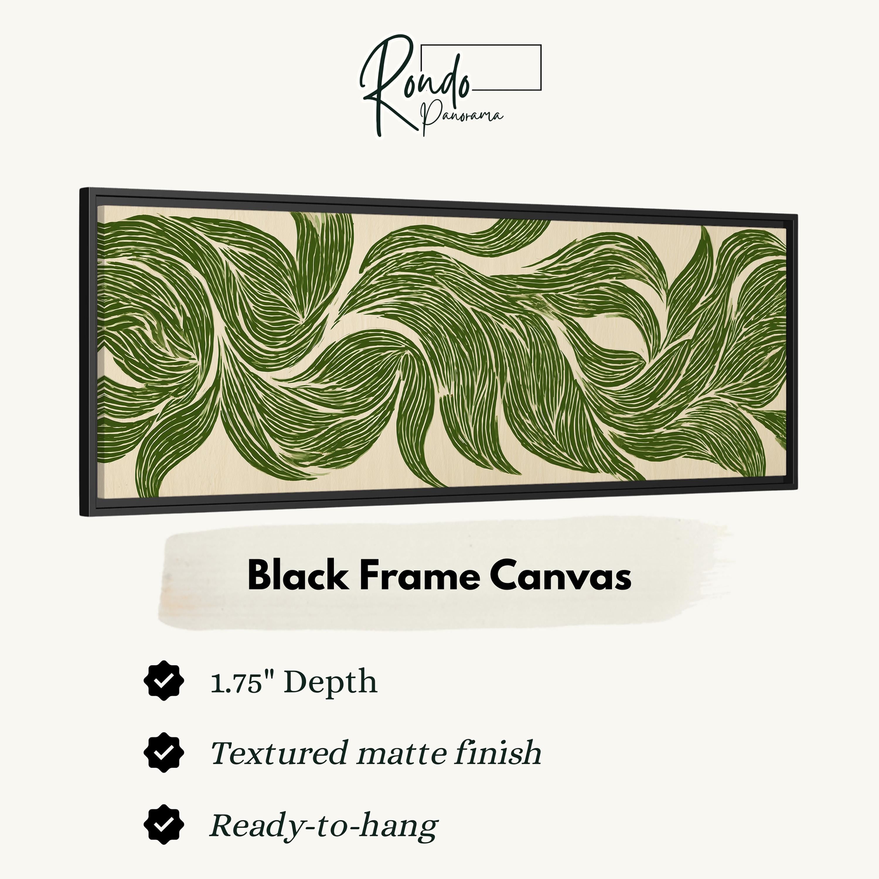 a black frame canvas with a green leaf pattern.