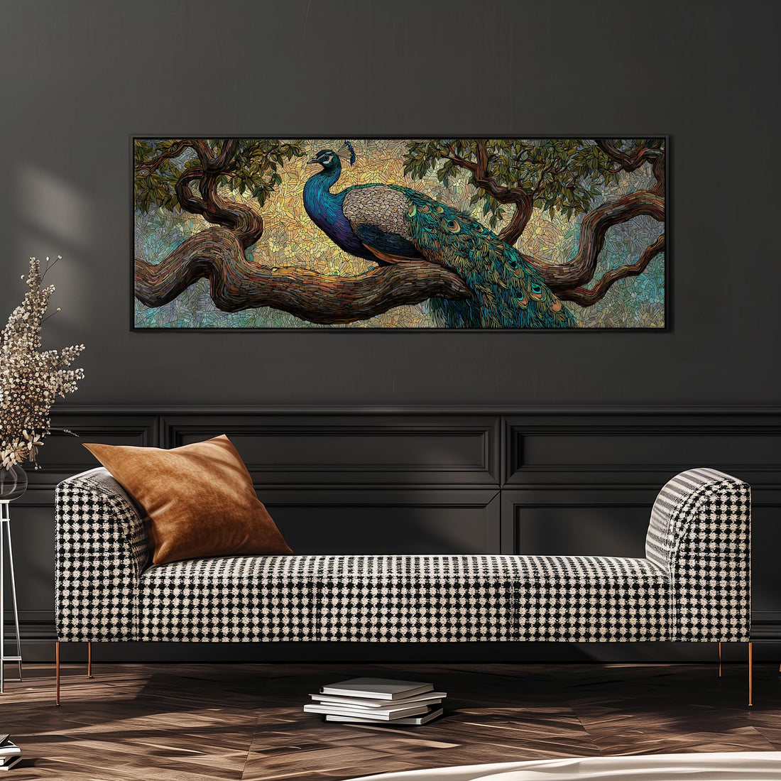 a large painting of a peacock perched on a tree branch, which is displayed on the wall above a black and white checkered sofa.