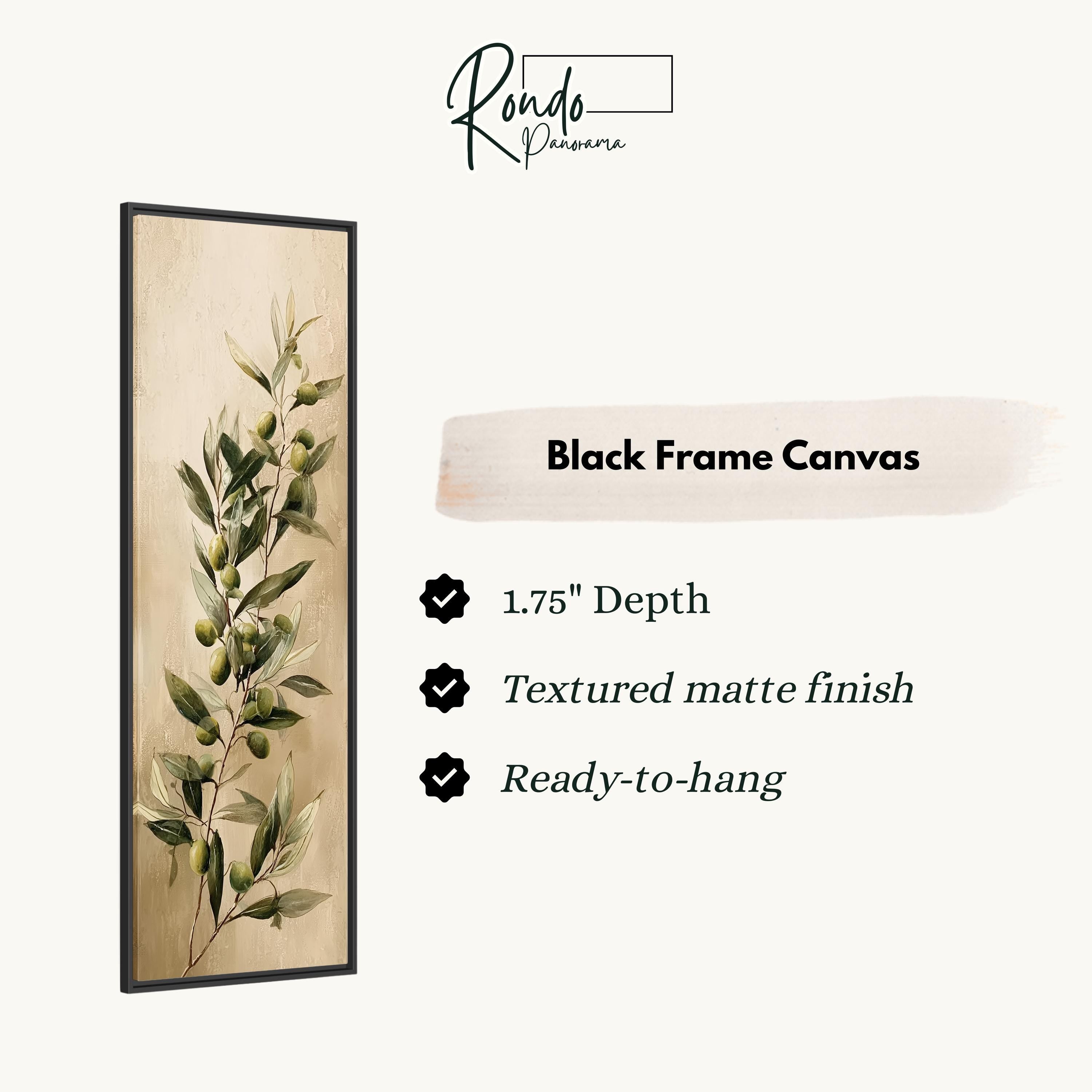 The image is a black frame canvas with a painting of green olive branches and green olives.