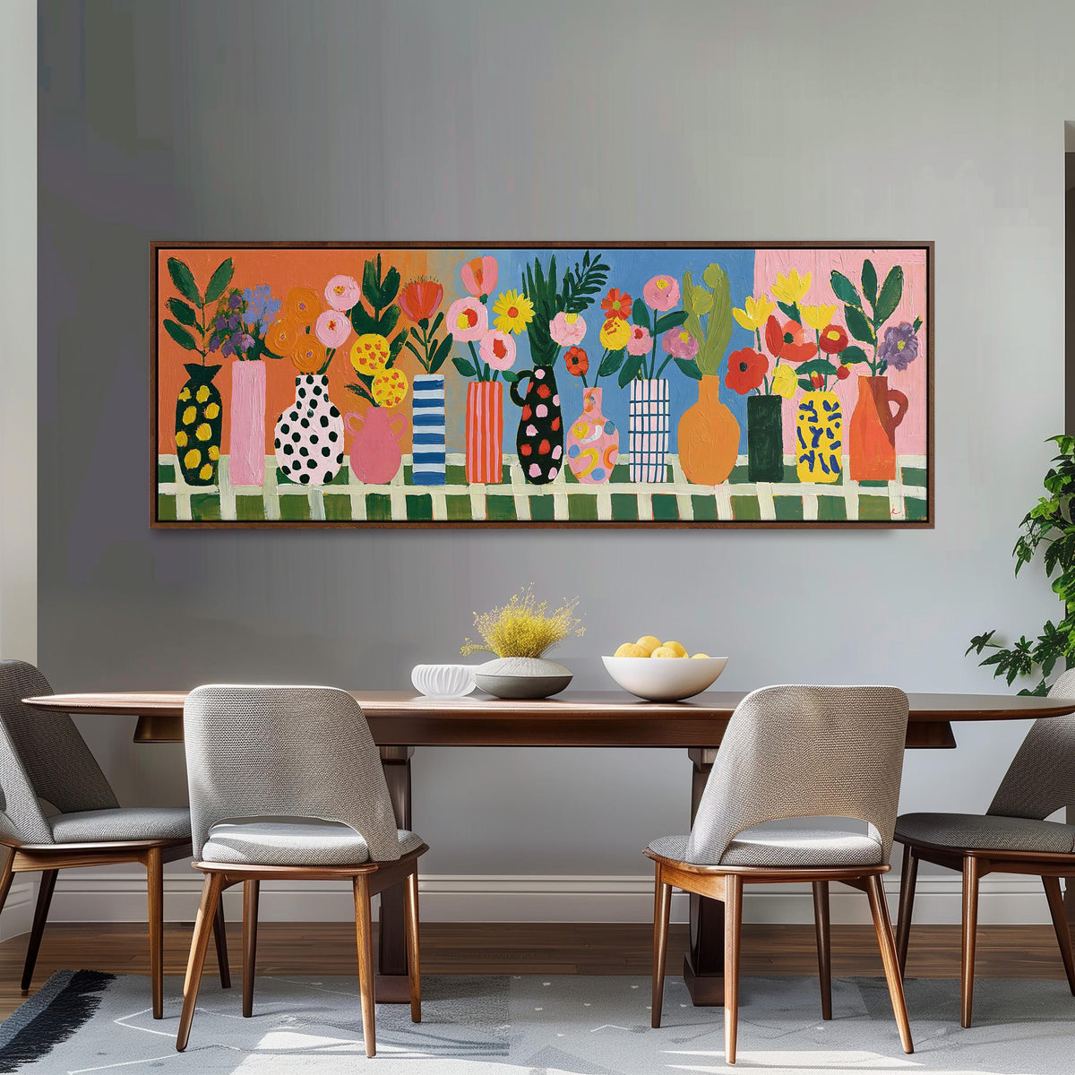 Patterned vases with bright bouquets long horizontal canvas print above a dining table