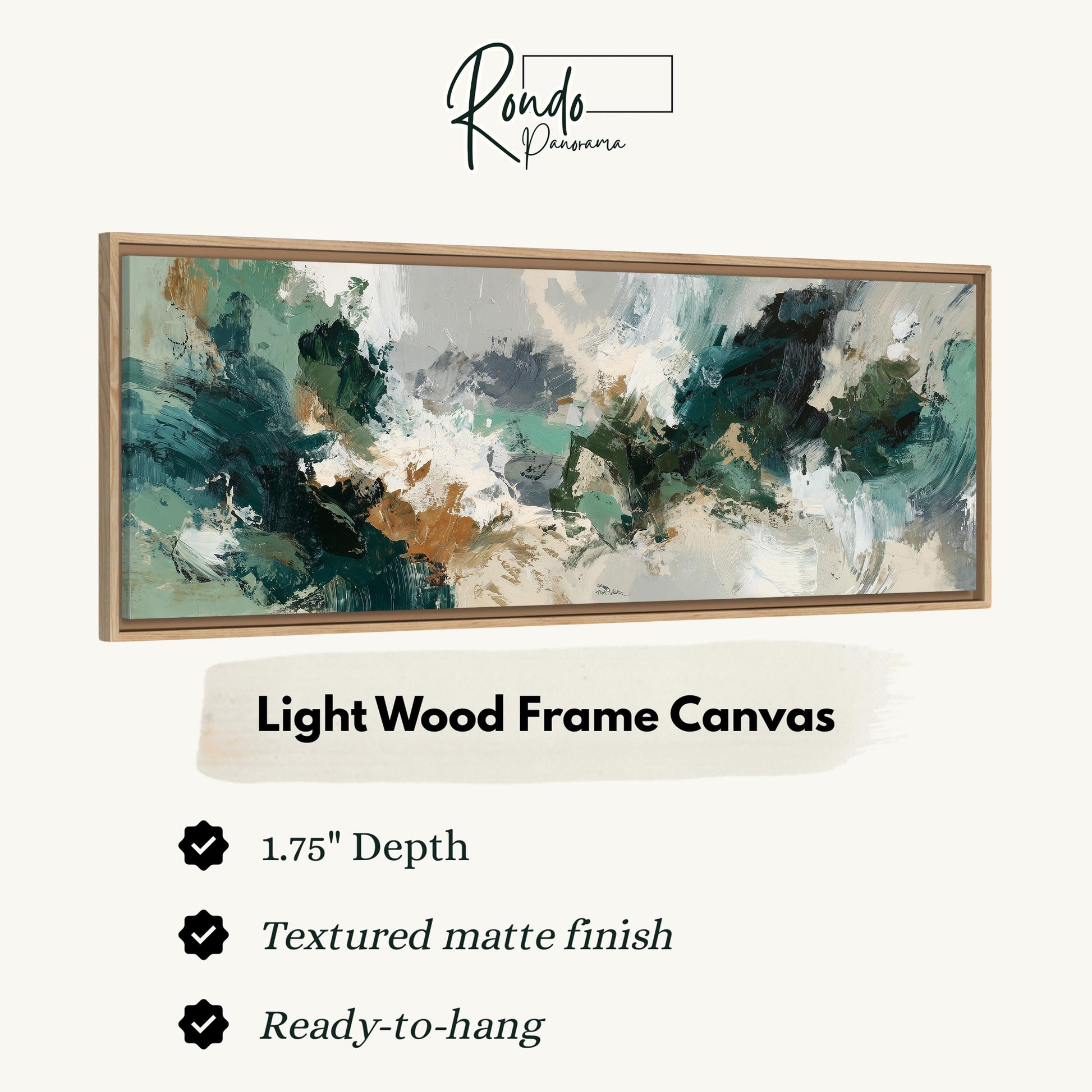 The image is a product advertisement for a light wood frame canvas. It features a large abstract painting with a textured finish and a 1.75" depth. The product is described as a "Ready-to-hang" and has a "Textured matte finish".