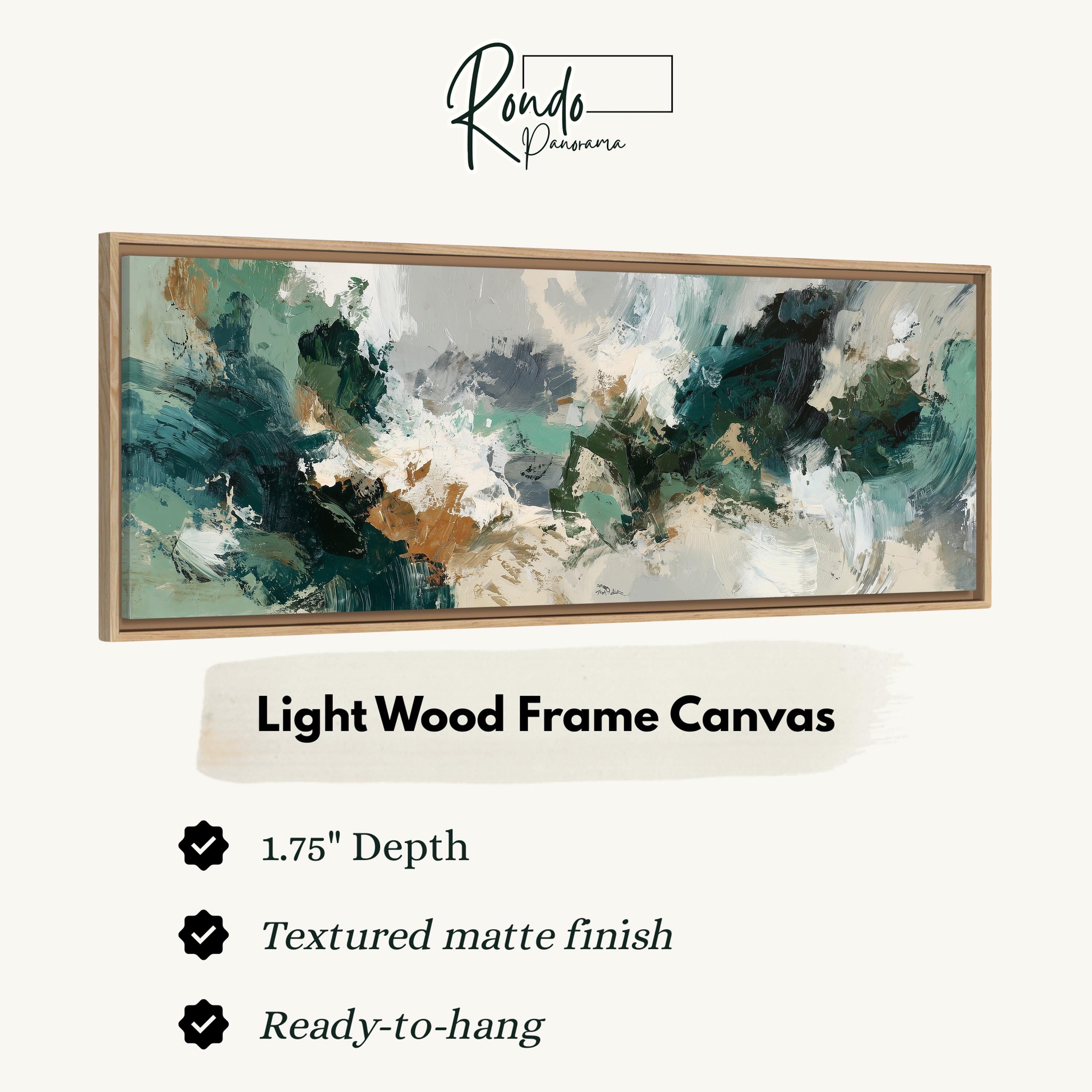 The image is a product advertisement for a light wood frame canvas. It features a large abstract painting with a textured finish and a 1.75" depth. The product is described as a "Ready-to-hang" and has a "Textured matte finish".