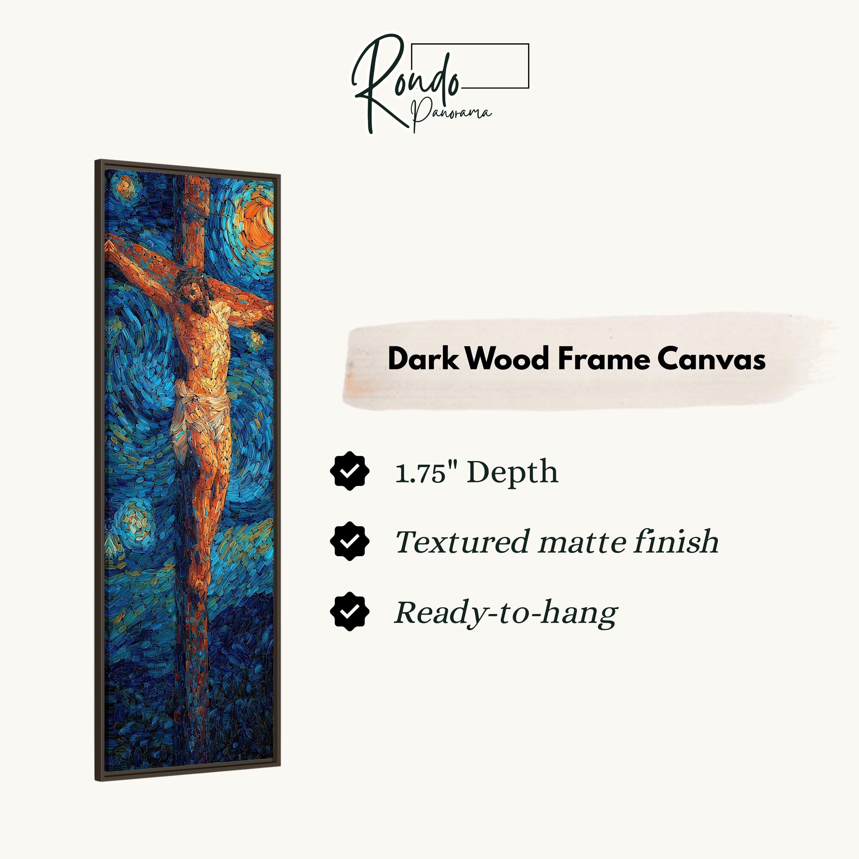 The image is a dark wood frame canvas depicting a painting of Jesus Christ on the cross.