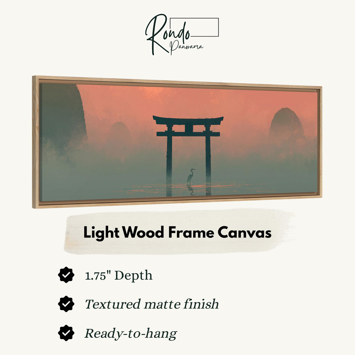Torii gate and heron in pink mist canvas print in a light wood floating frame