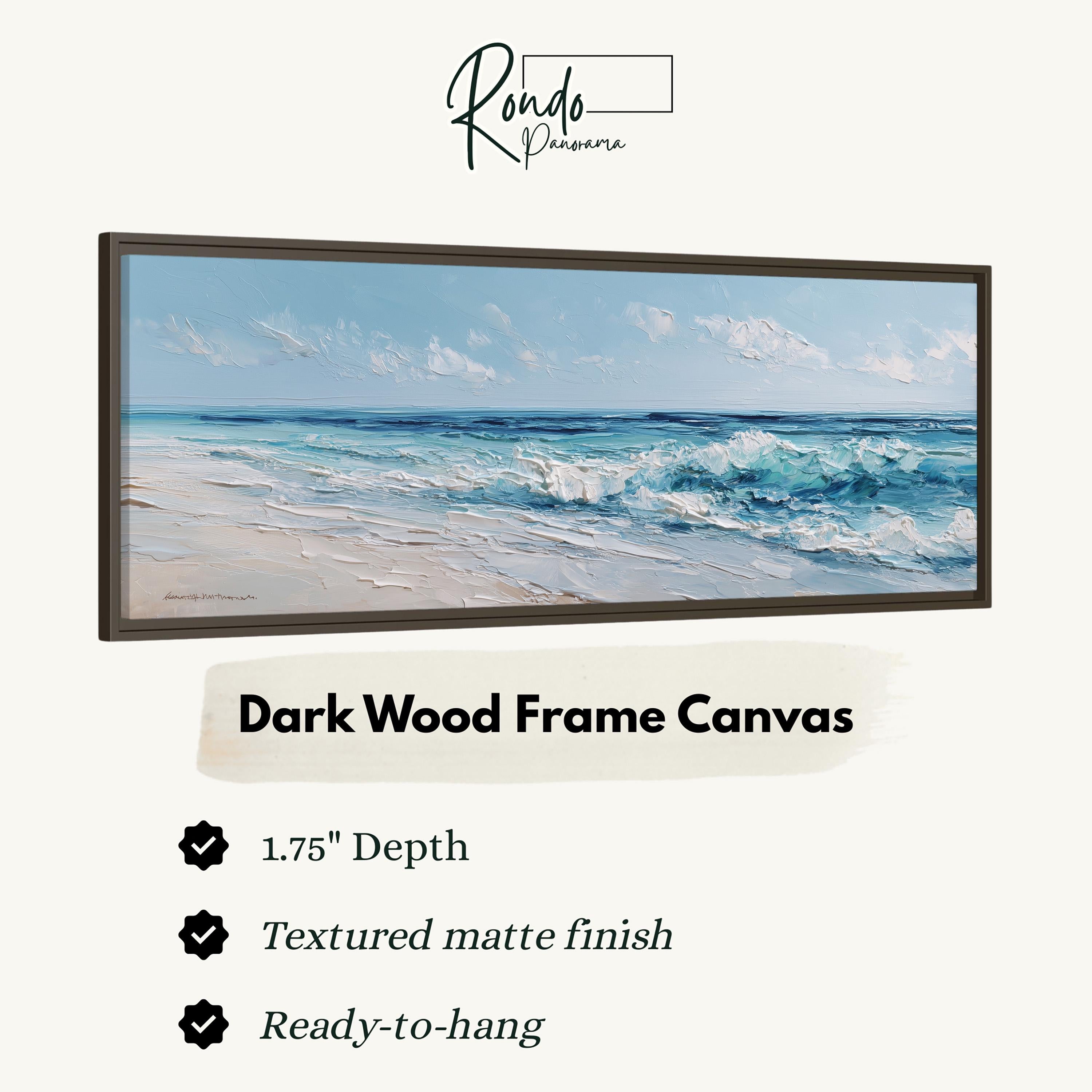 The image is a framed canvas depicting a serene beach scene with waves crashing on the shore.