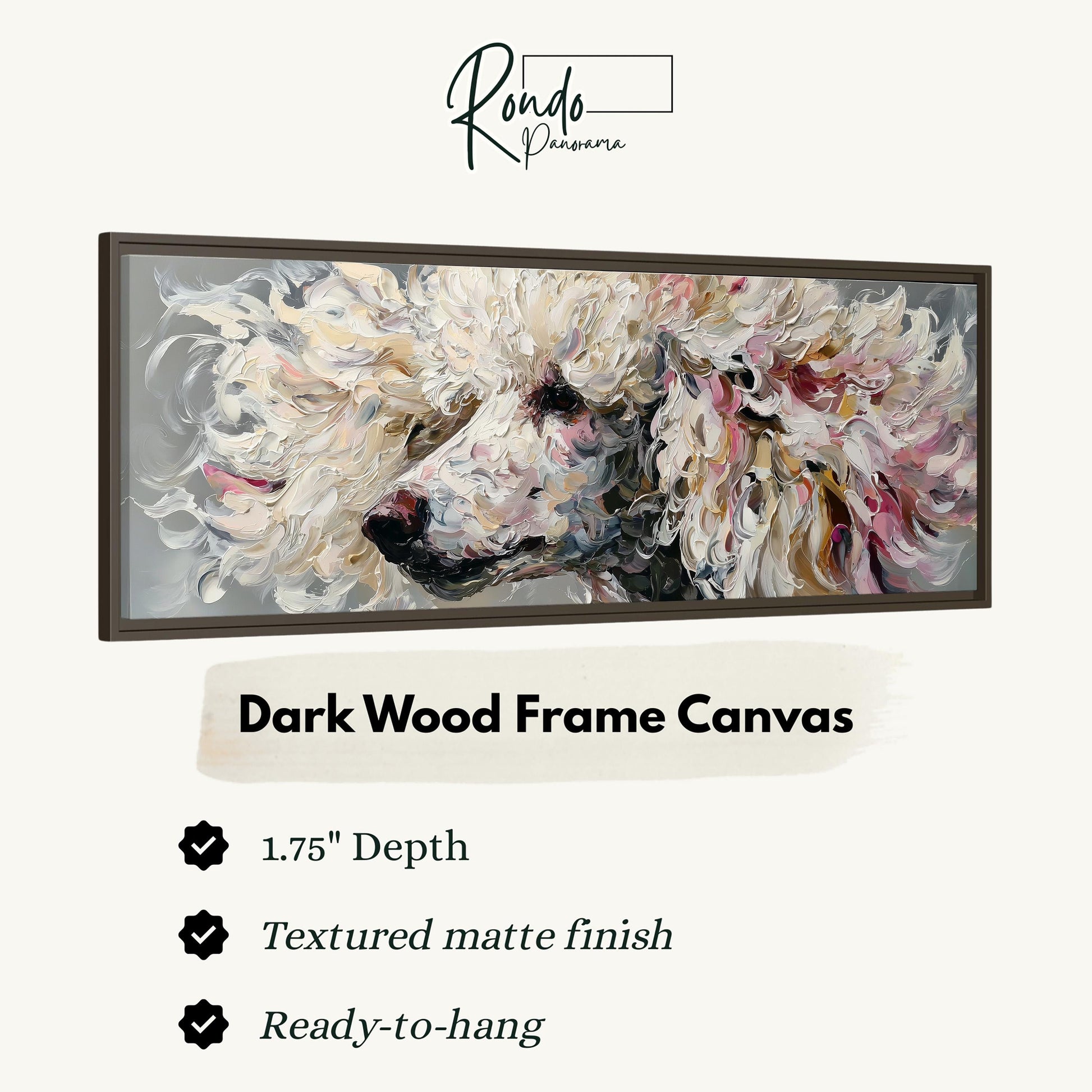 The image is a framed artwork depicting a close-up of a fluffy white dog's face.