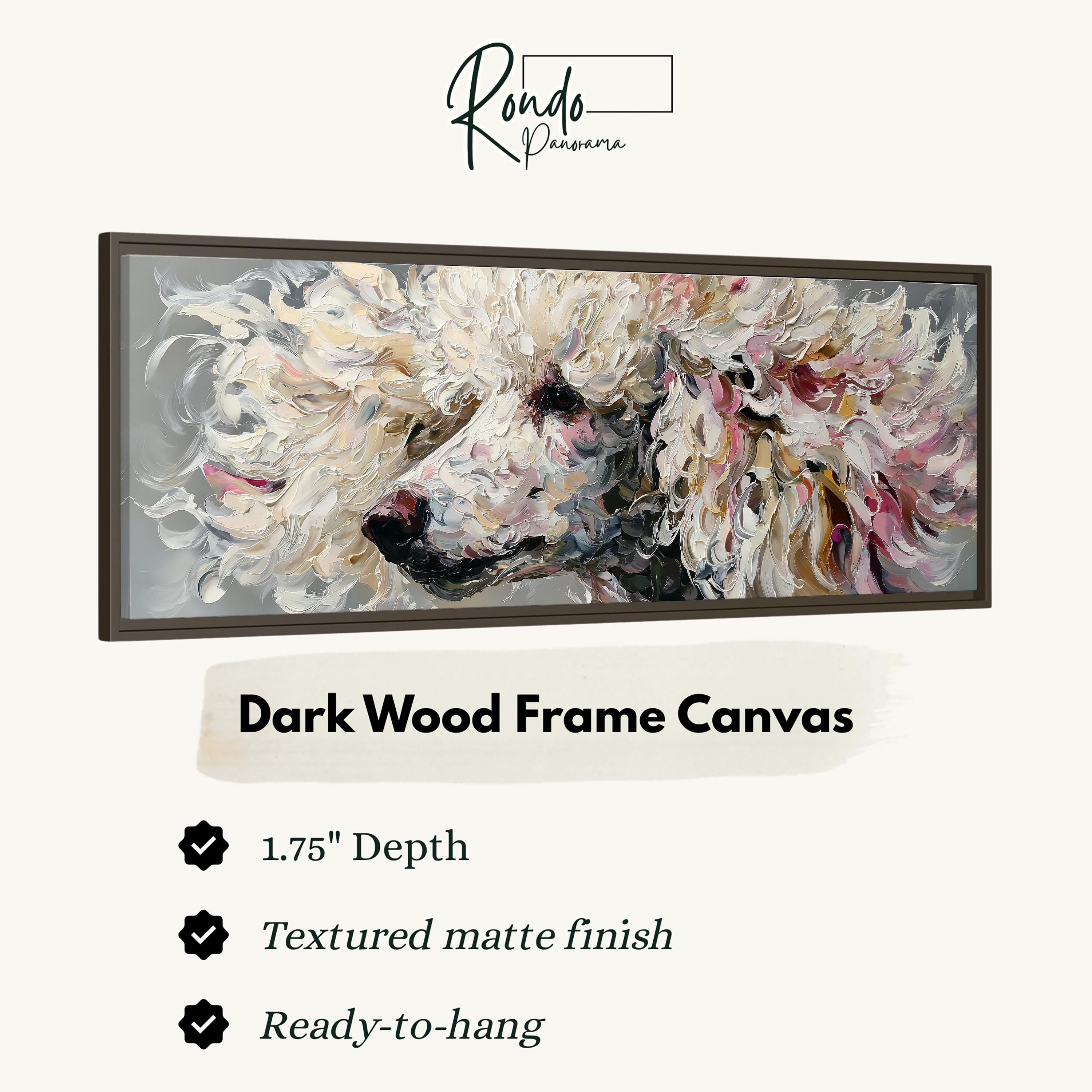 The image is a framed artwork depicting a close-up of a fluffy white dog's face.