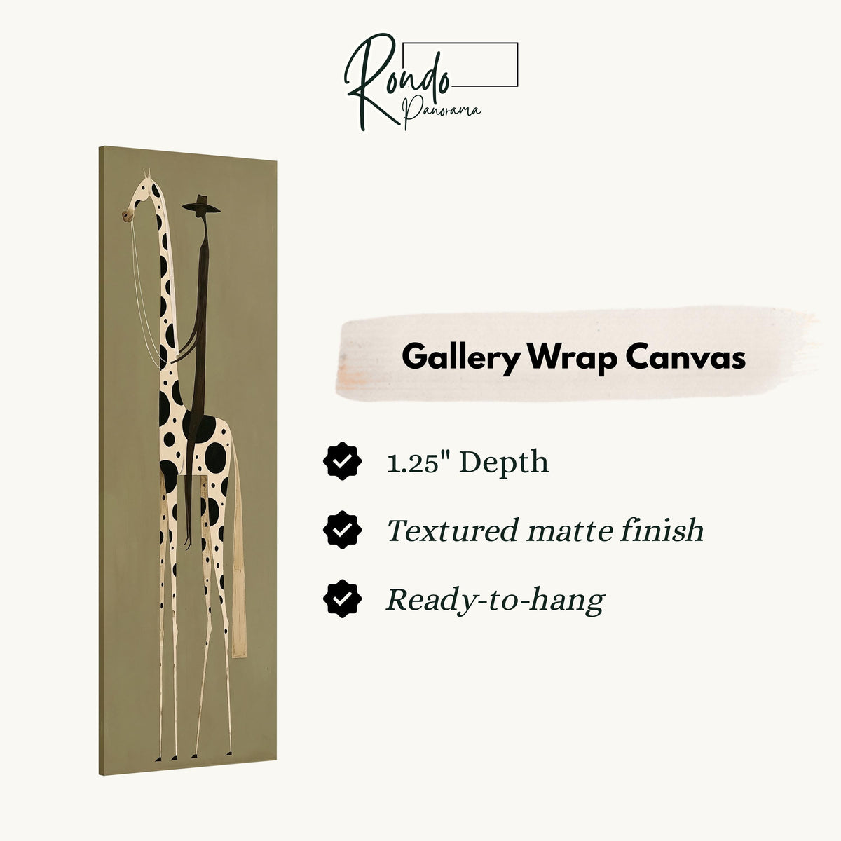 Tall spotted giraffe with a tiny rider gallery wrap canvas with the image wrapped around the edges