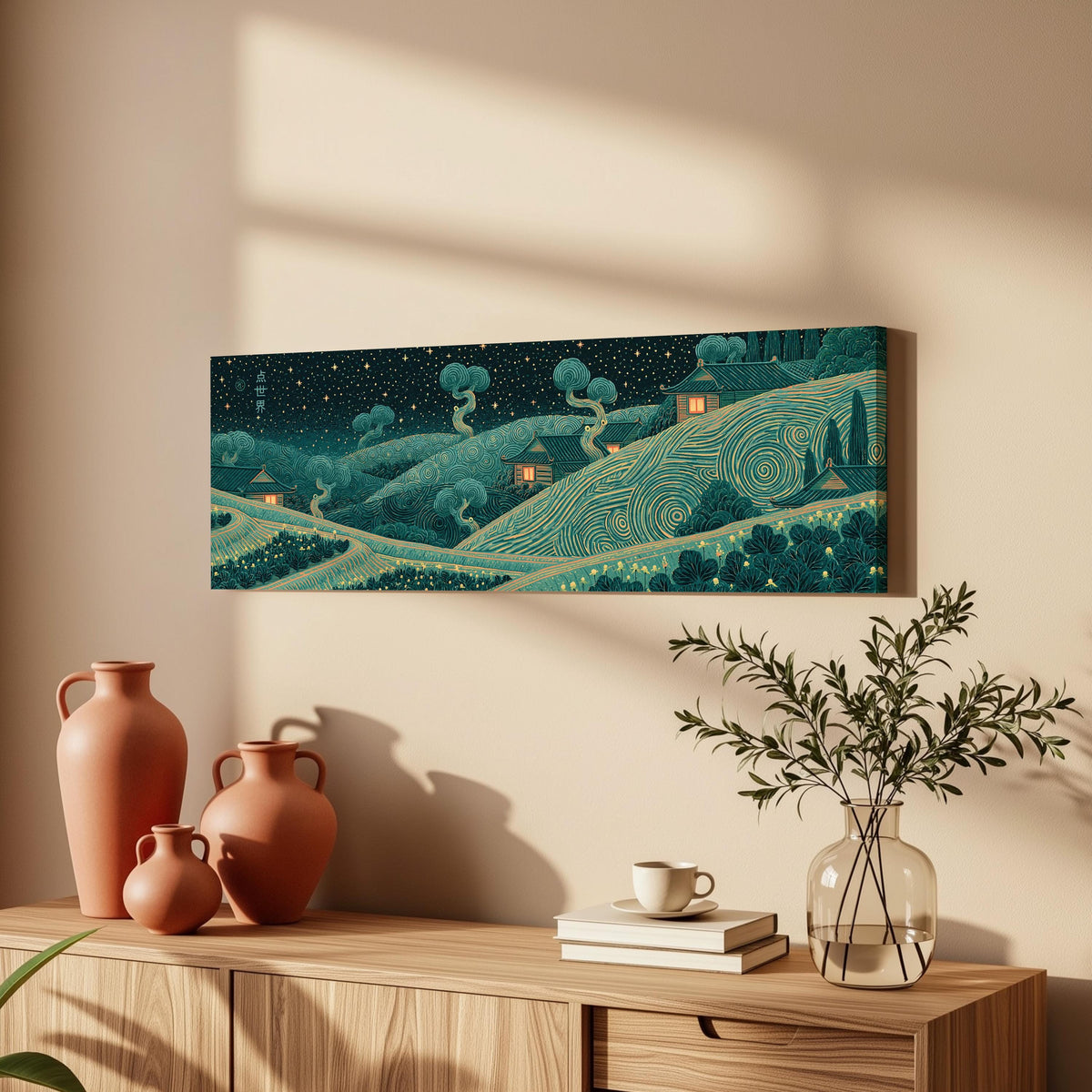 Village on swirling hills at night long horizontal canvas print above a wooden sideboard