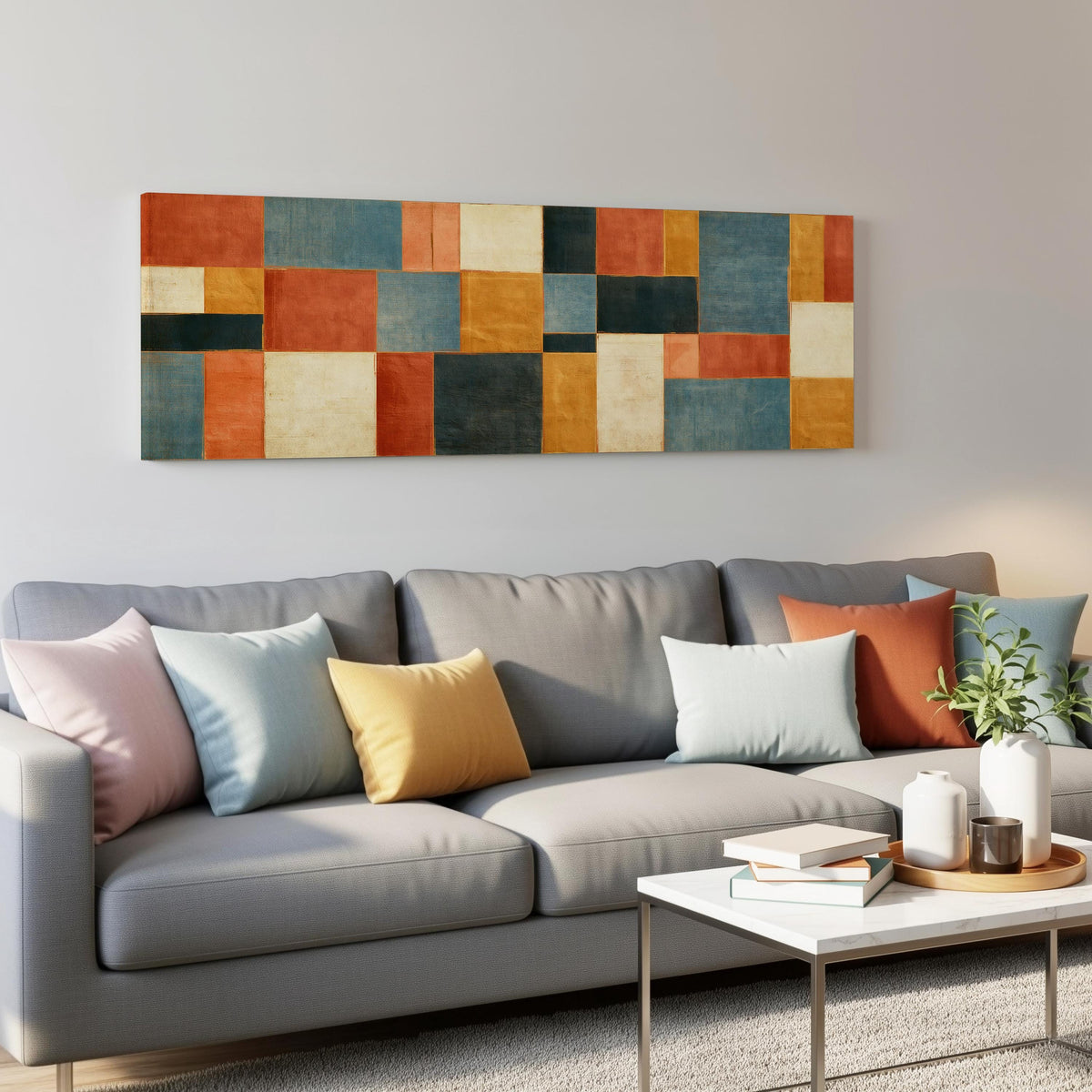 Rust, gold, navy and cream quilt blocks panoramic canvas print above a grey sofa in a living room