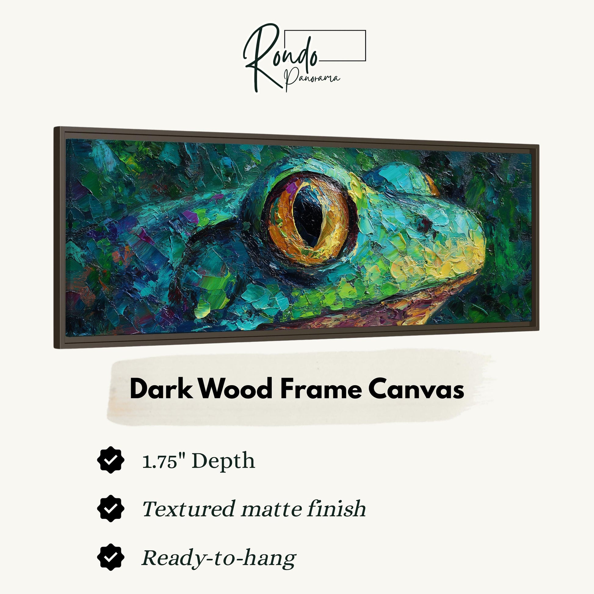 The image is a close-up of a vibrant, colorful painting of a frog's eye, which is mounted on a dark wood frame.