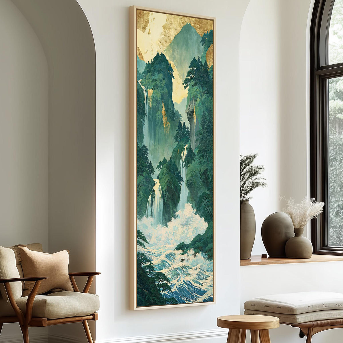 Emerald waterfall gorge tall skinny canvas print in a sunlit living space