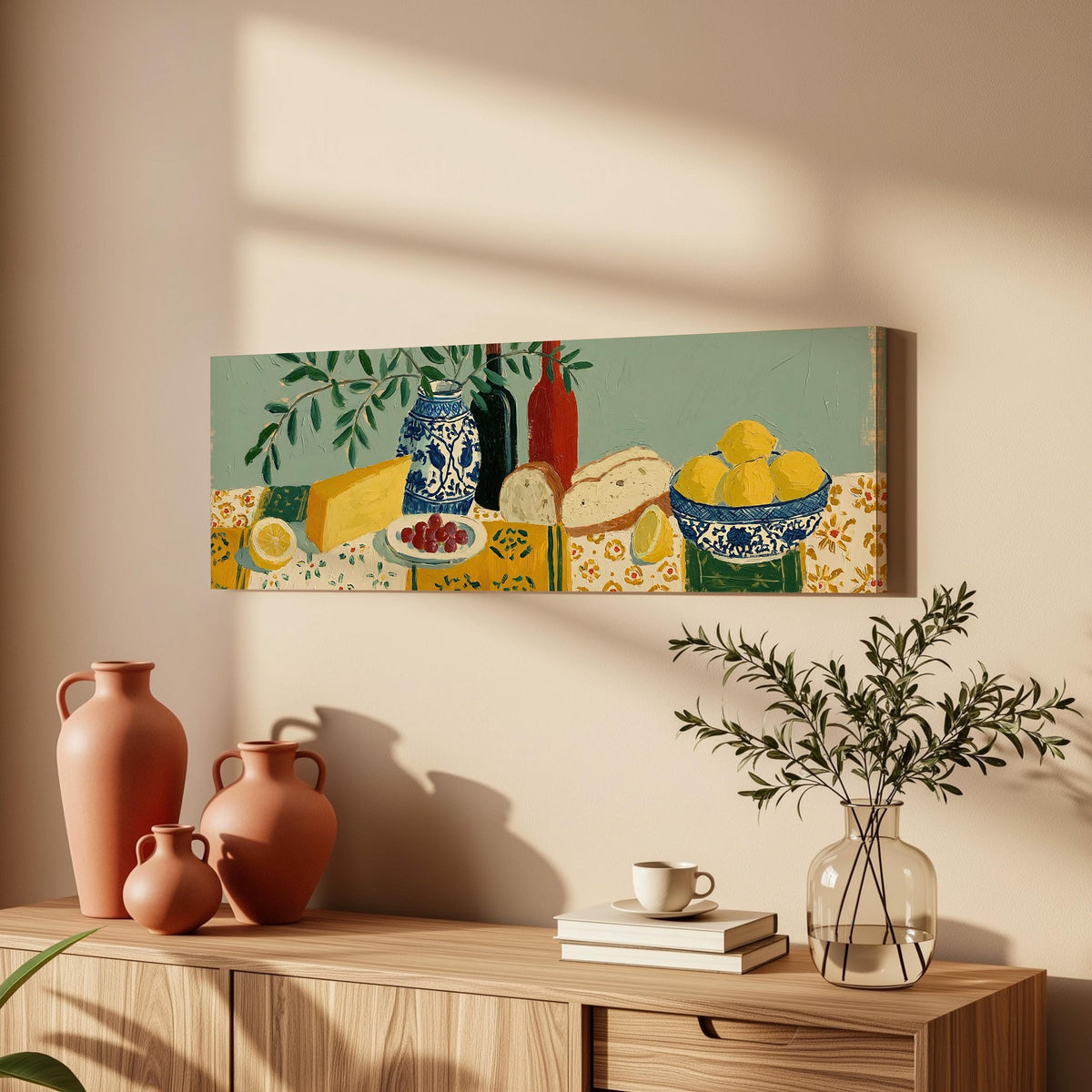 Cheese, wine and lemon spread long horizontal canvas print above a wooden sideboard
