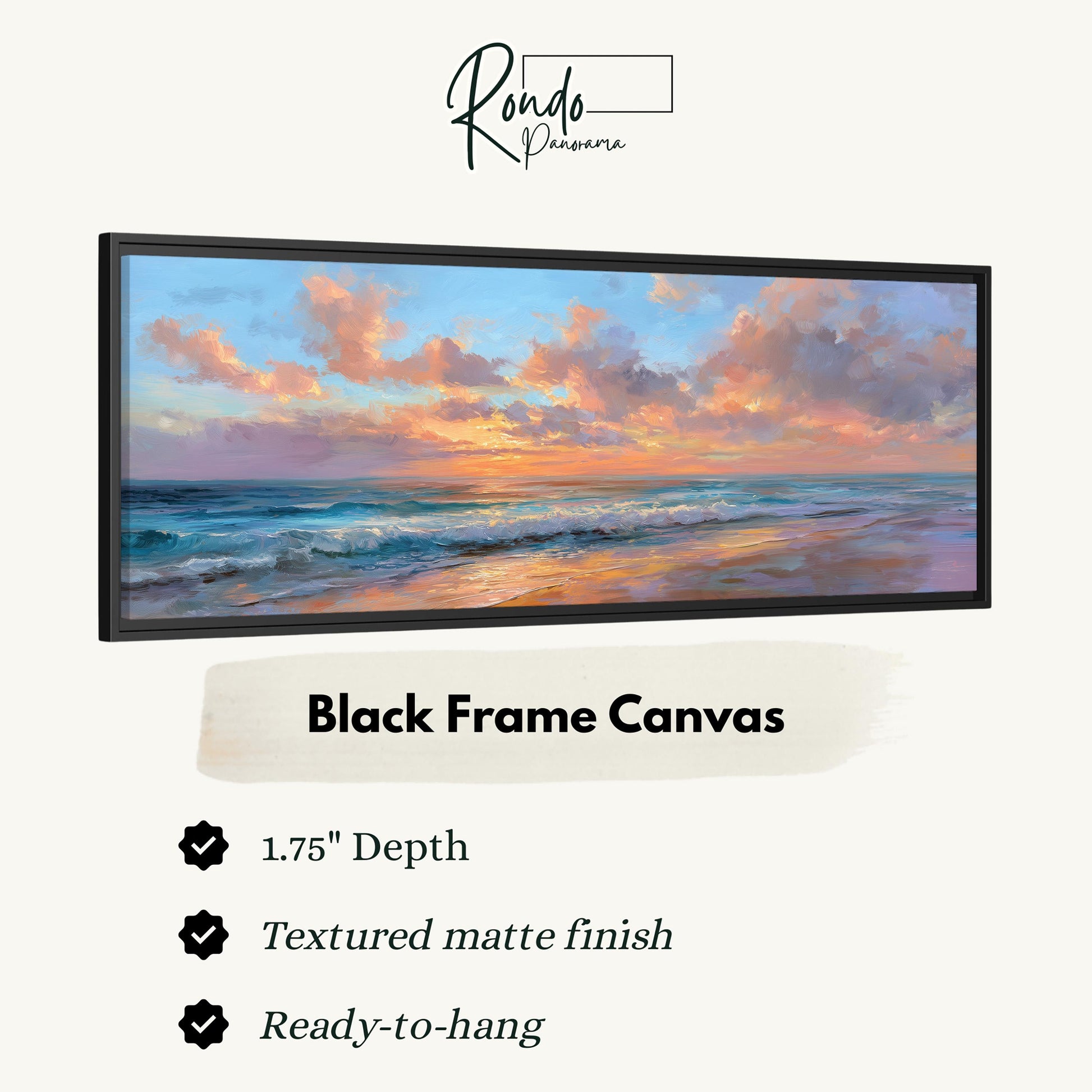 The image is a black frame canvas depicting a seascape with a sunset over the ocean.