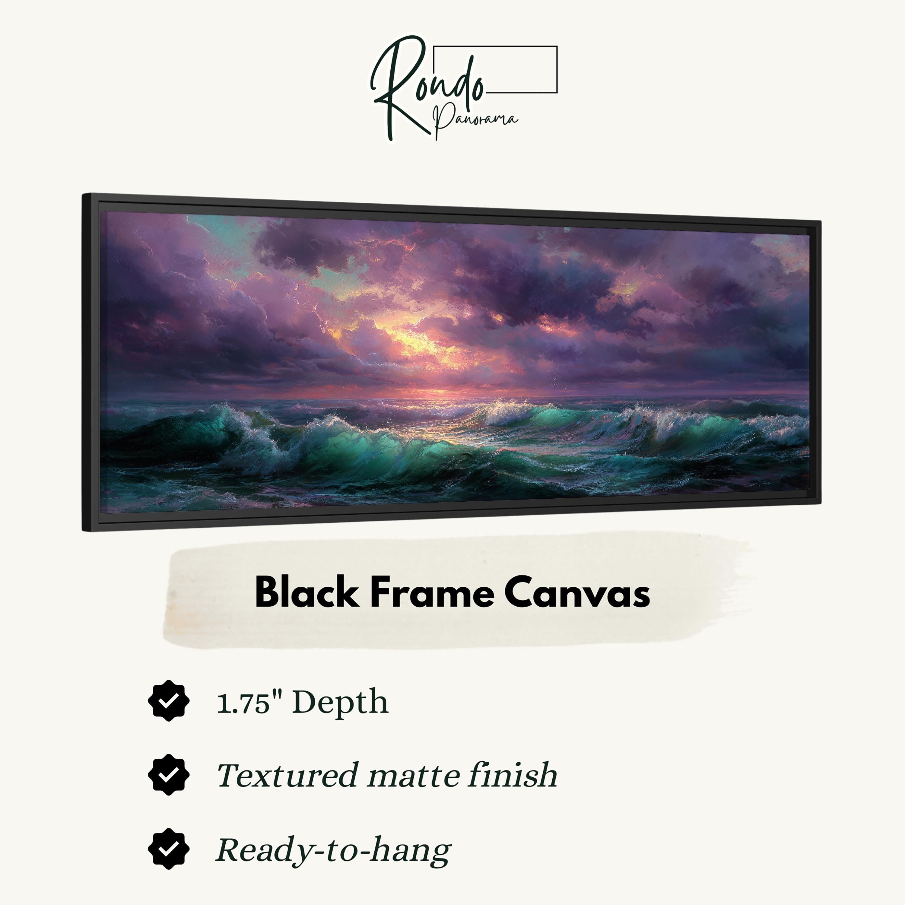 The image is a black frame canvas depicting a seascape with a dramatic sunset over the ocean.