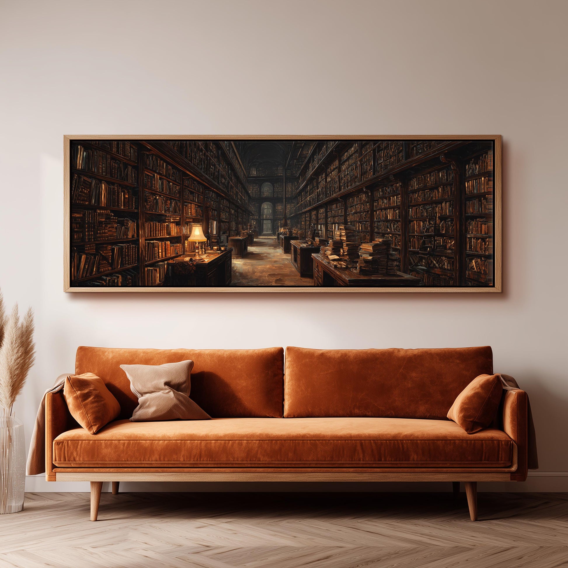 a large, ornate bookshelf filled with numerous books, creating a cozy and intellectual atmosphere.