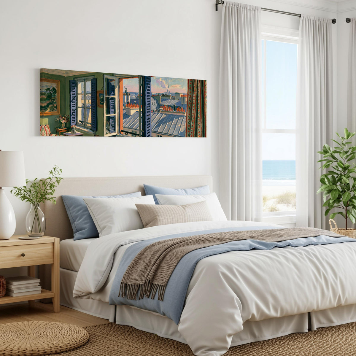 Paris chimneys and rooftops from a sunny window panoramic canvas print above a bed in a coastal bedroom