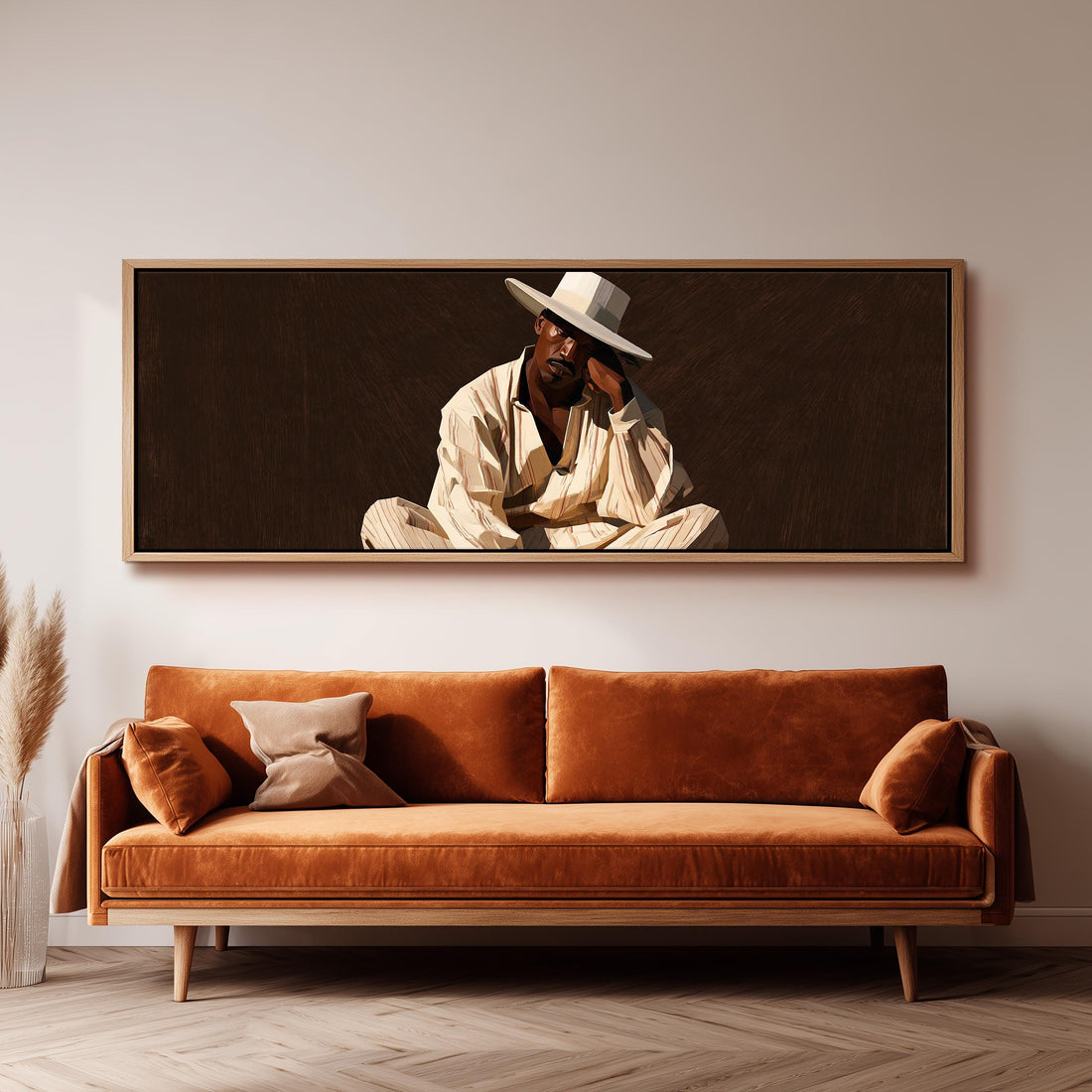 Pensive man in a white hat on brown long horizontal canvas print above a sofa in a living room