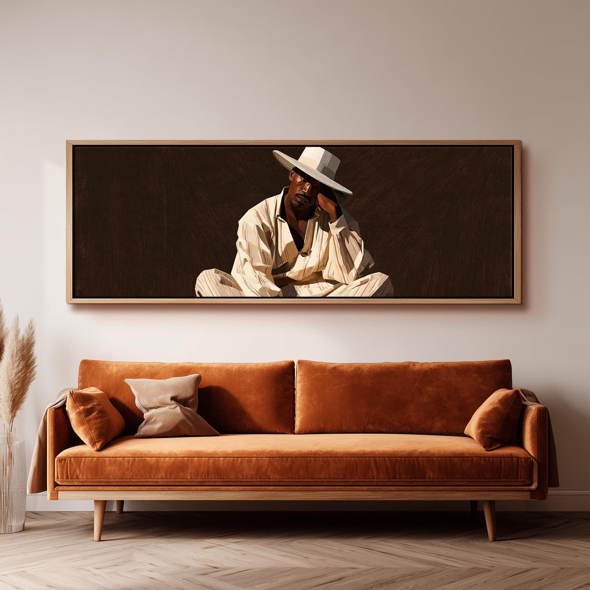 Pensive man in a white hat on brown long horizontal canvas print above a sofa in a living room