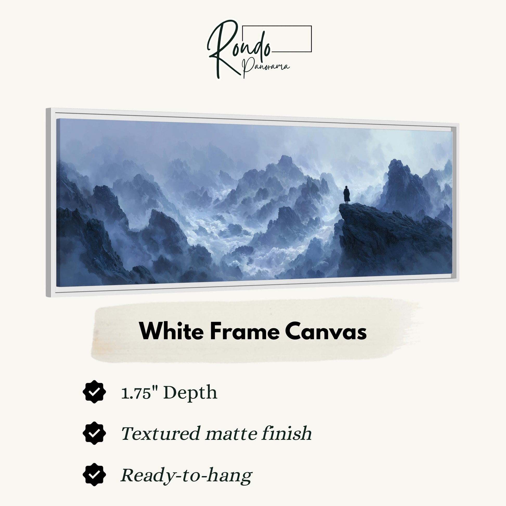 The image is a white frame canvas depicting a mountainous landscape with a lone figure standing on a cliff.