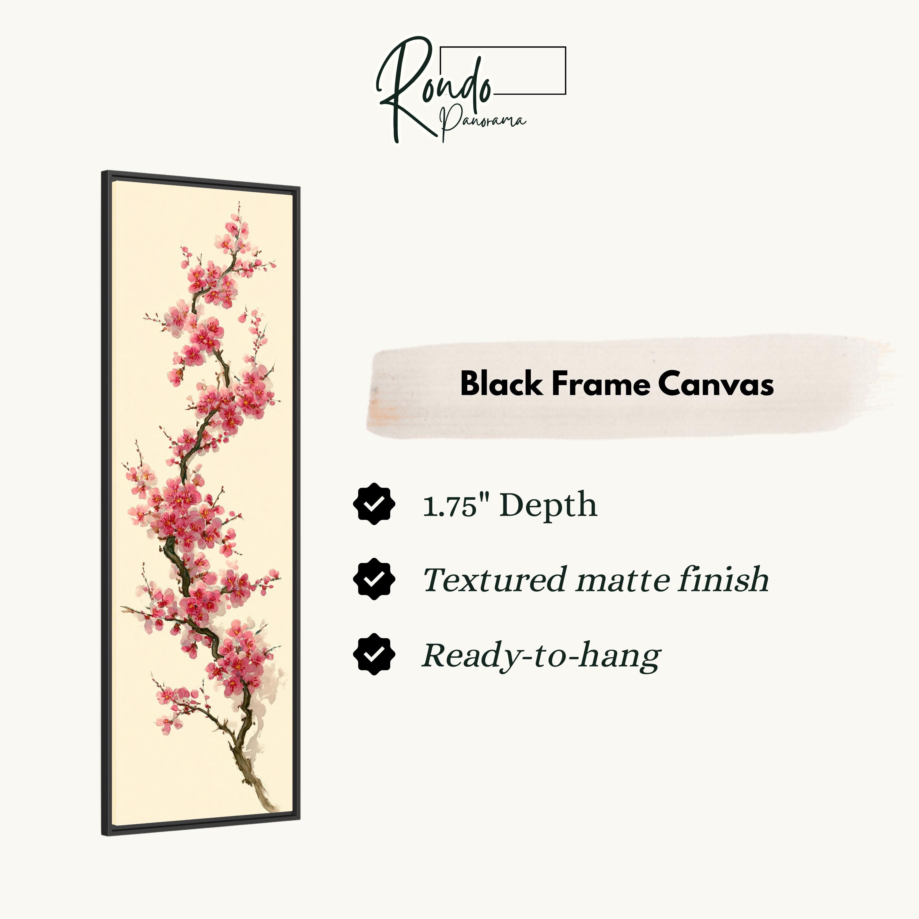 a black frame canvas with a vertical arrangement of pink flowers on a white background.