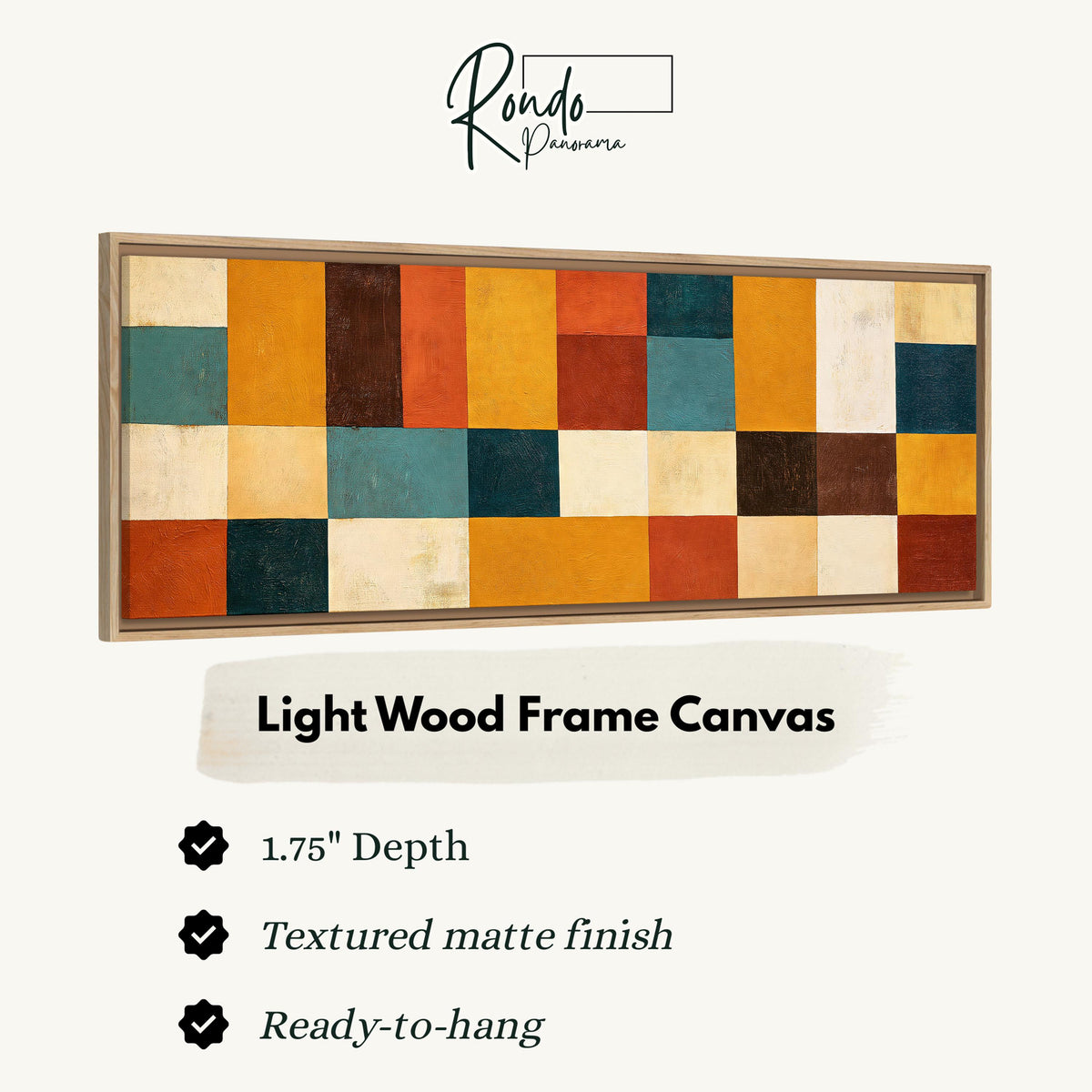 Ochre, rust and teal patchwork blocks canvas print in a light wood floating frame