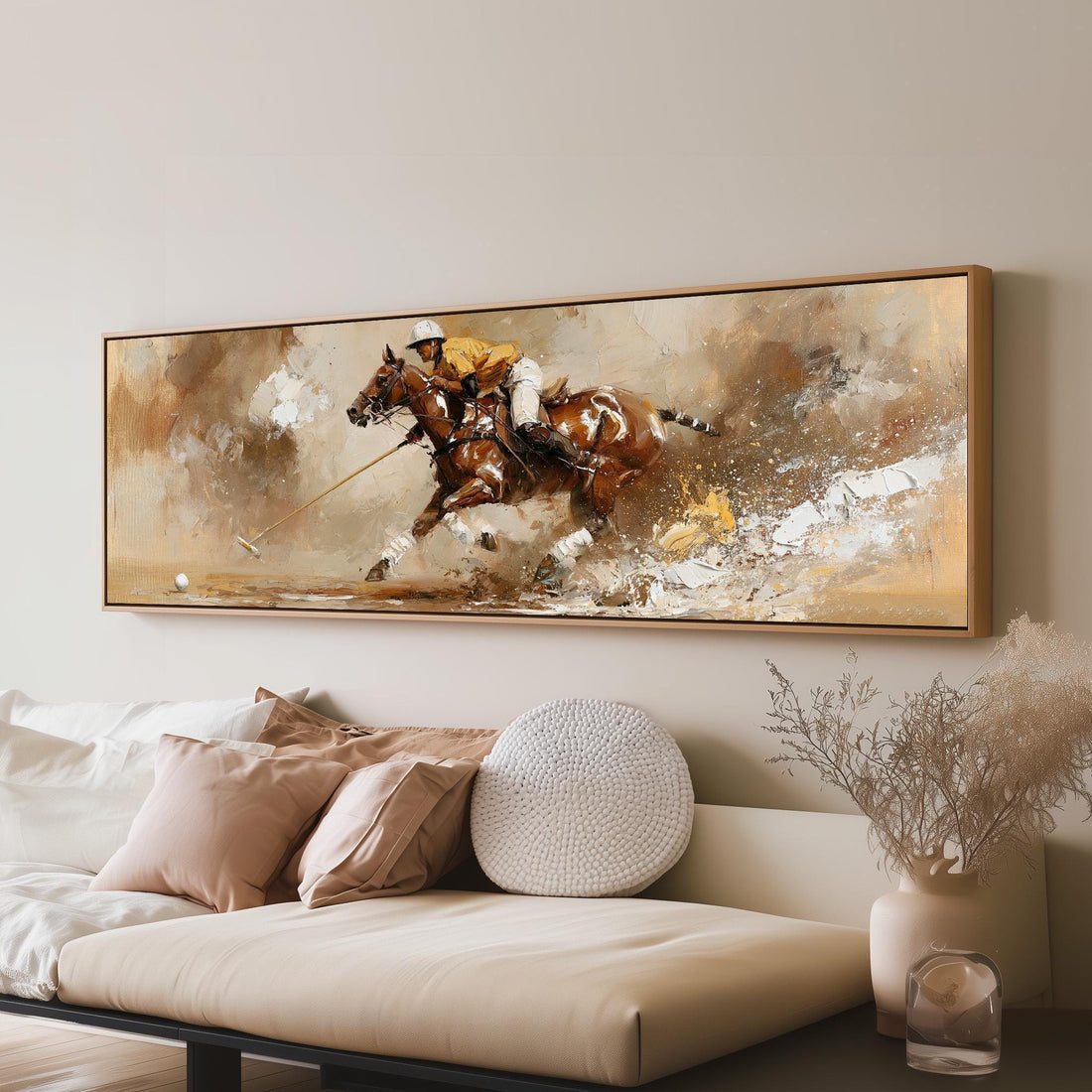 Polo rider in full gallop long horizontal canvas print above a sofa in a living room