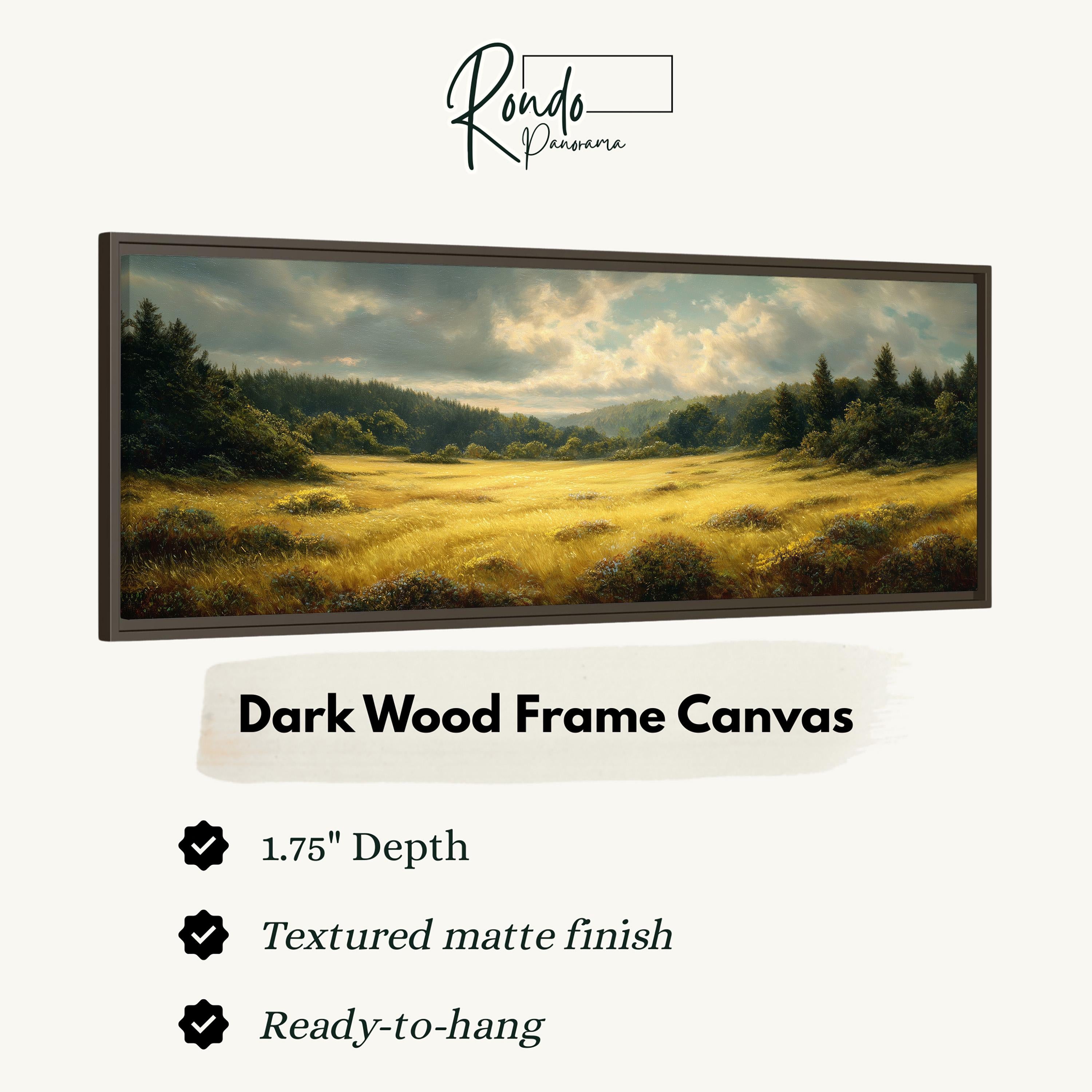 The image is a framed painting of a countryside landscape with a field of flowers and trees.