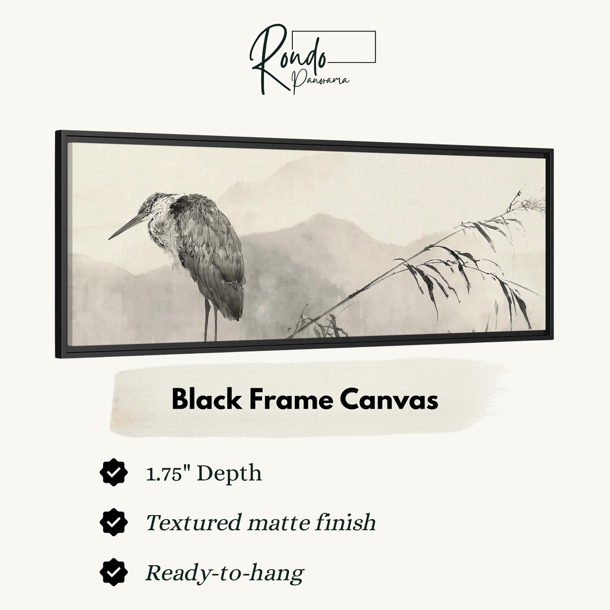 Heron in front of misty ink mountains canvas print in a black floating frame