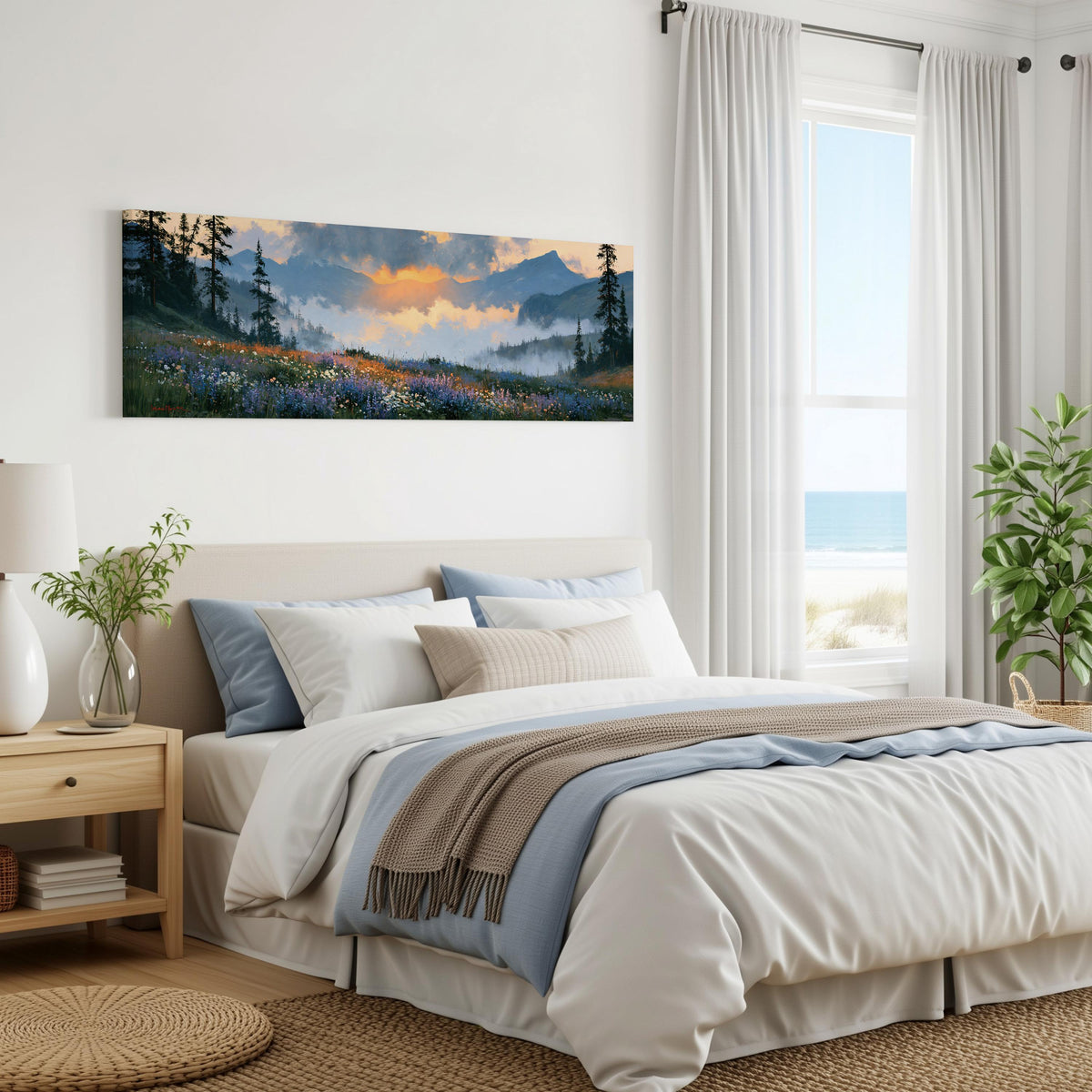 Alpine wildflower meadow at sunset panoramic canvas print above a bed in a coastal bedroom