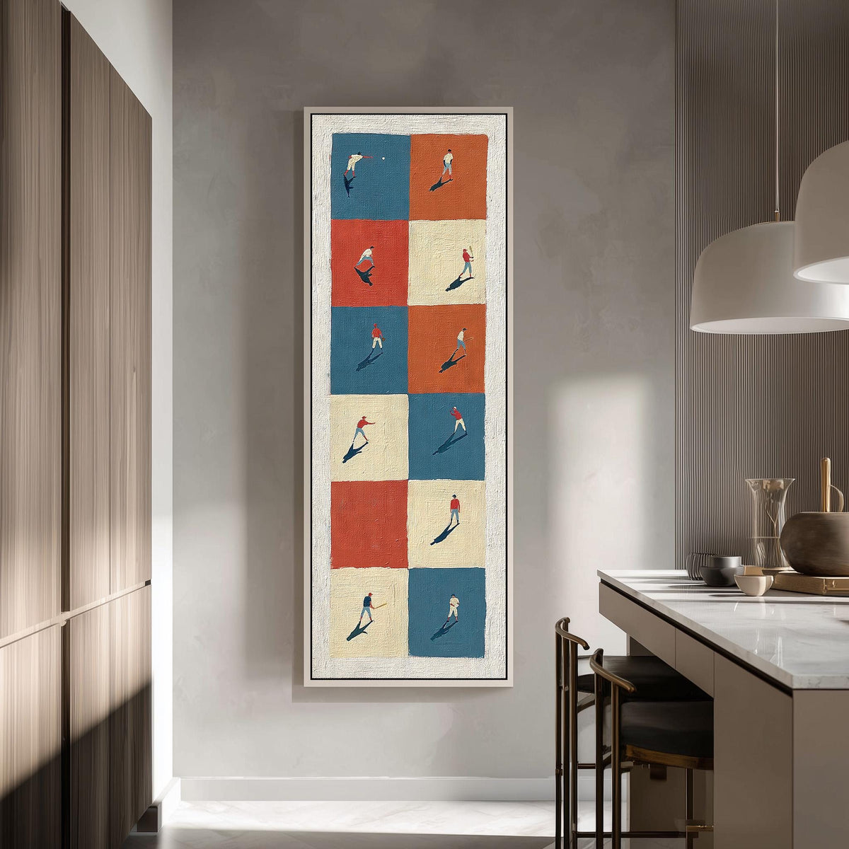 Baseball players on a color block grid tall skinny canvas print in a modern kitchen