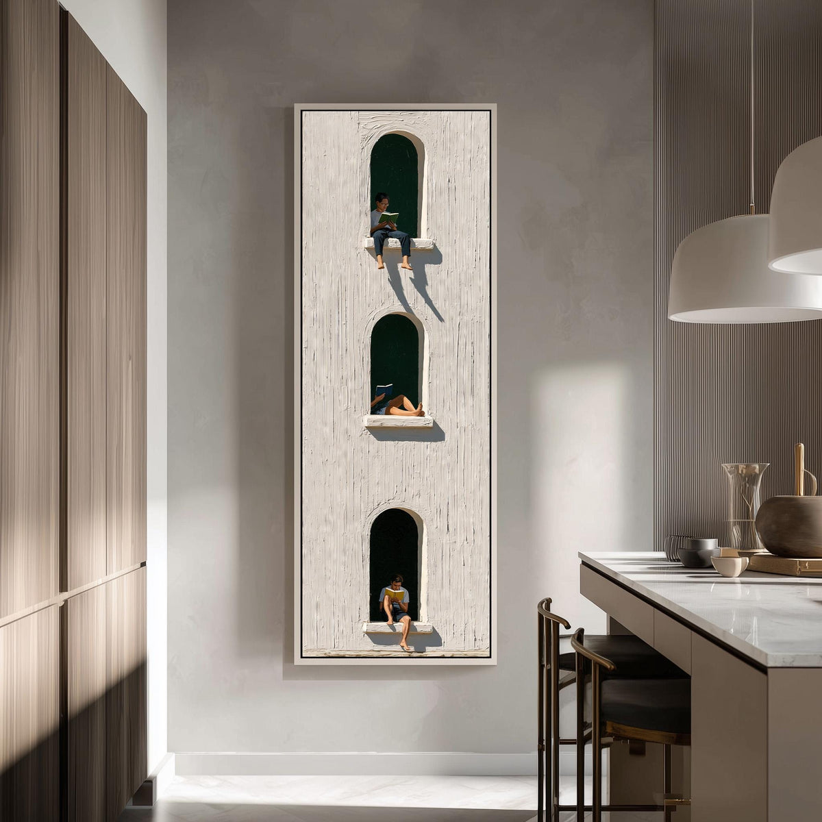 People reading in arched windows on a whitewashed wall tall skinny canvas print in a modern kitchen