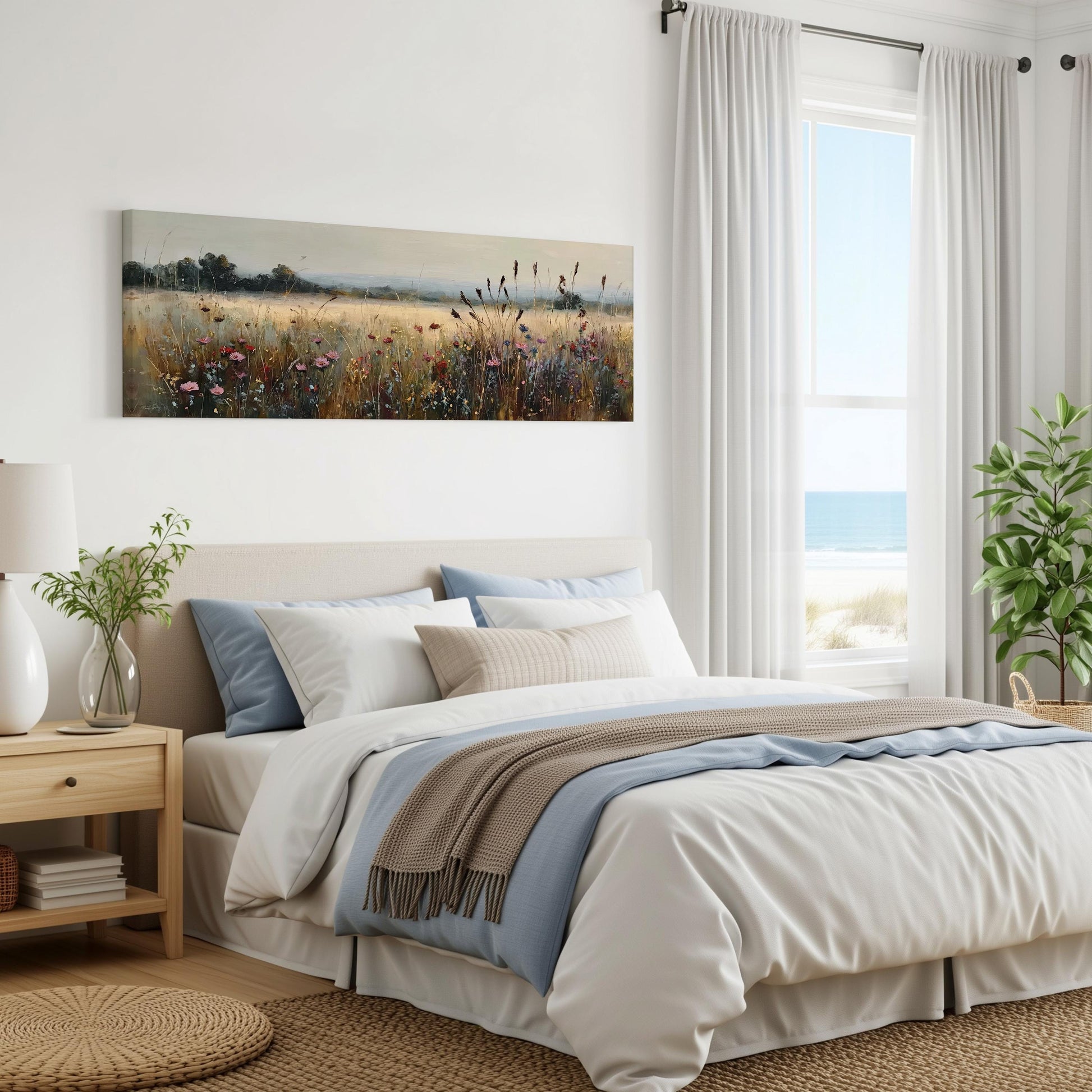a serene bedroom with a large bed, a painting of a field of flowers on the wall, and a window overlooking the ocean.