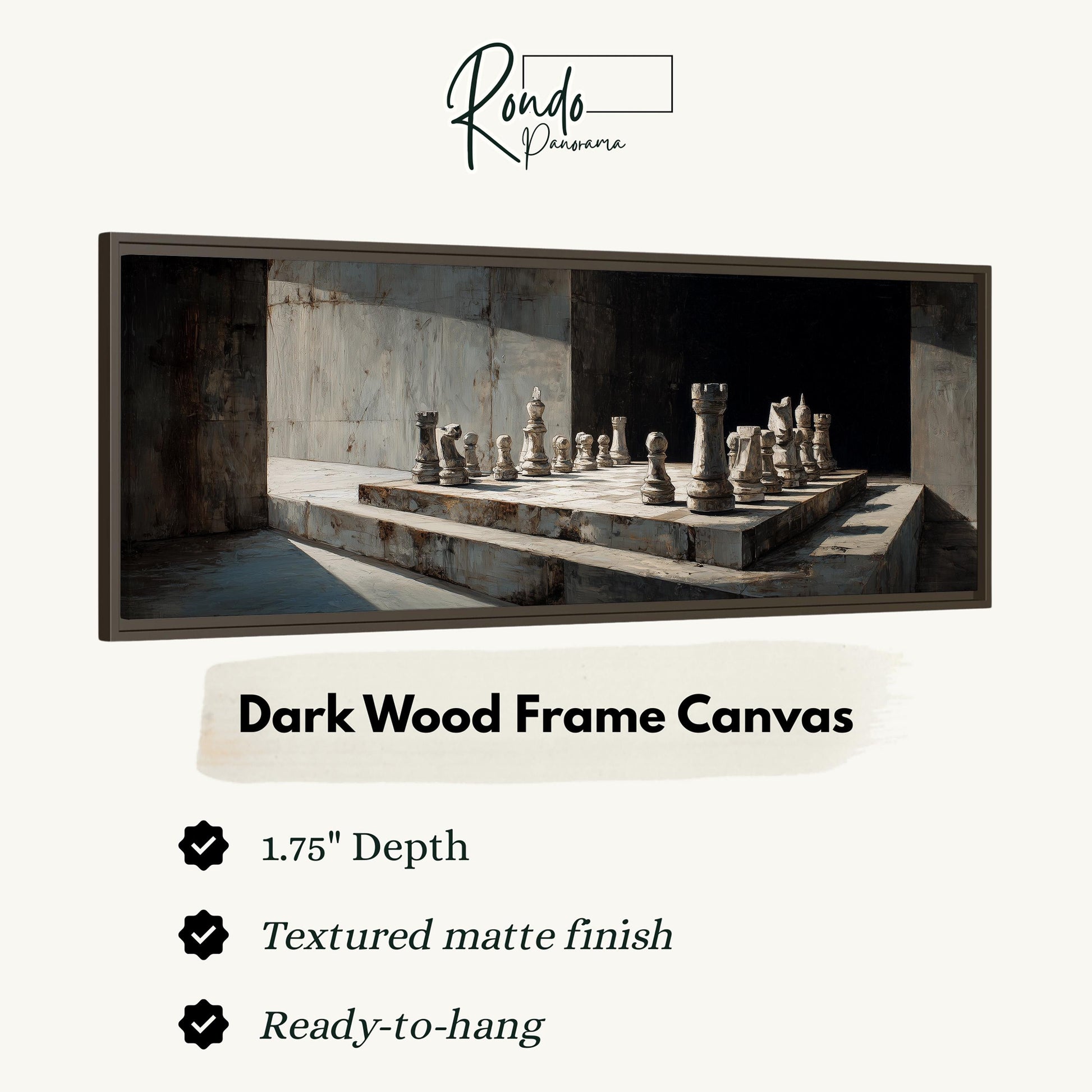 a dark wood frame canvas with a chessboard and pieces displayed on it.