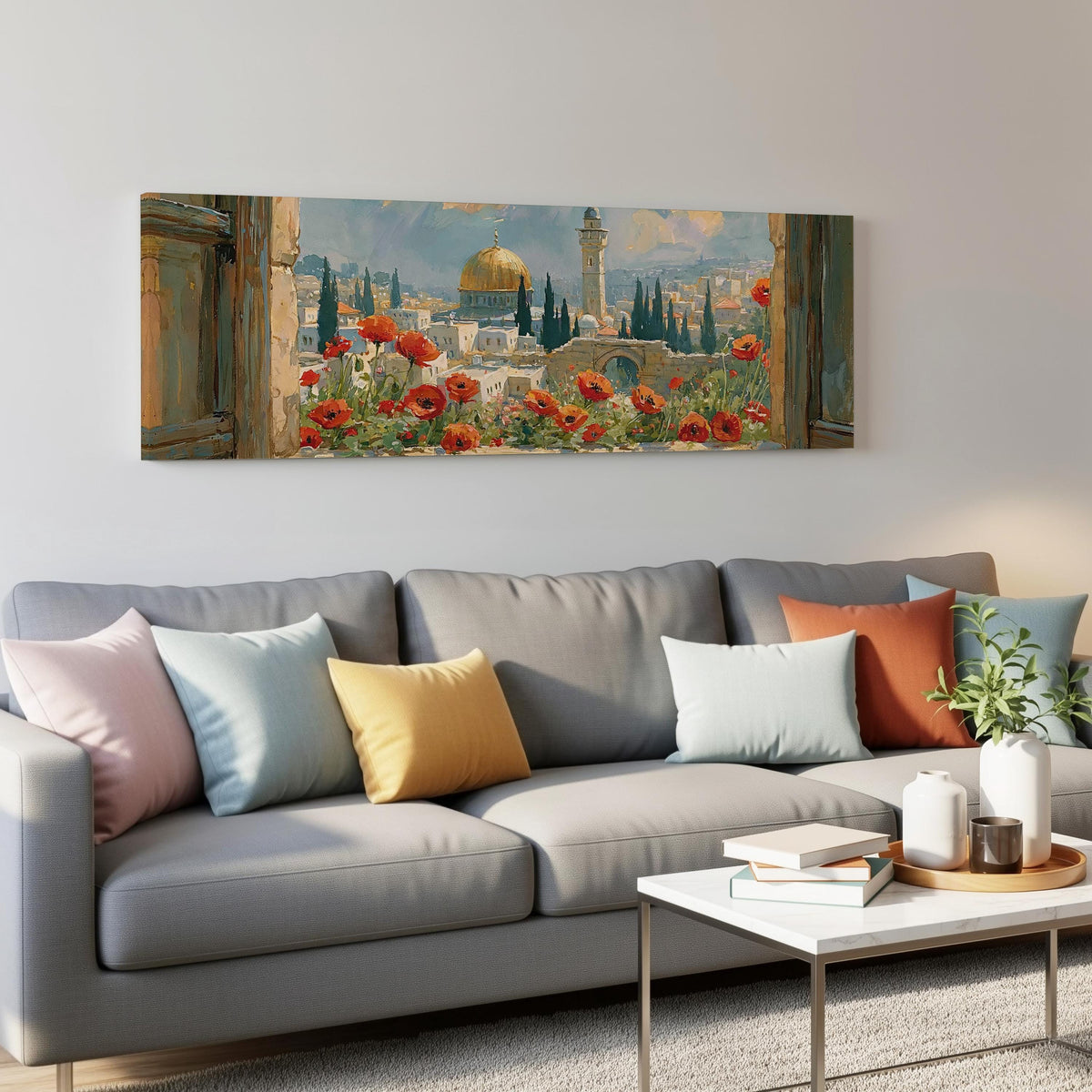 Jerusalem skyline through a window with poppies panoramic canvas print above a grey sofa in a living room