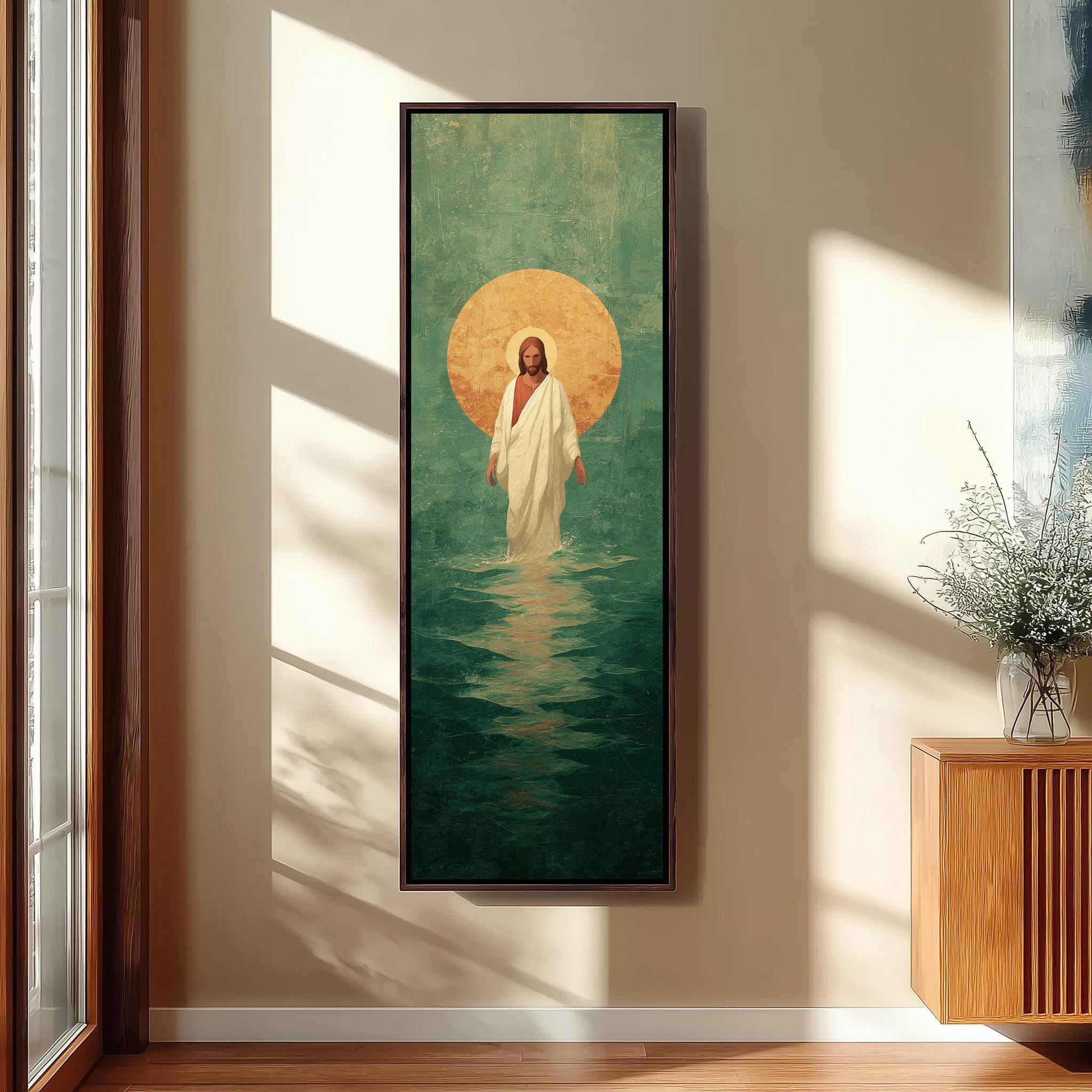 a large painting of Jesus Christ walking on water, with a golden sun in the background.