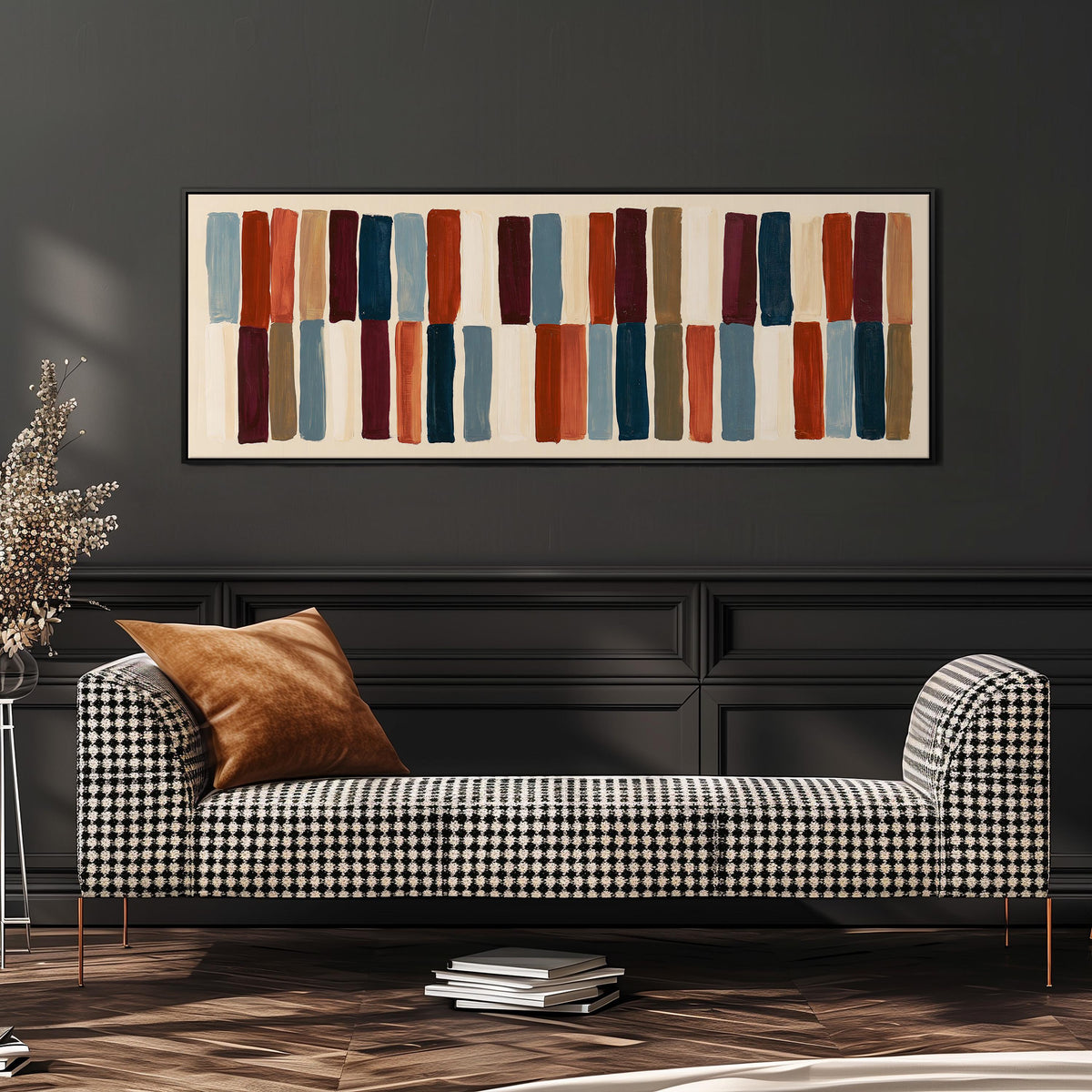 Two tiers of staggered stripe blocks wide panoramic canvas print above a bench in a dark living room