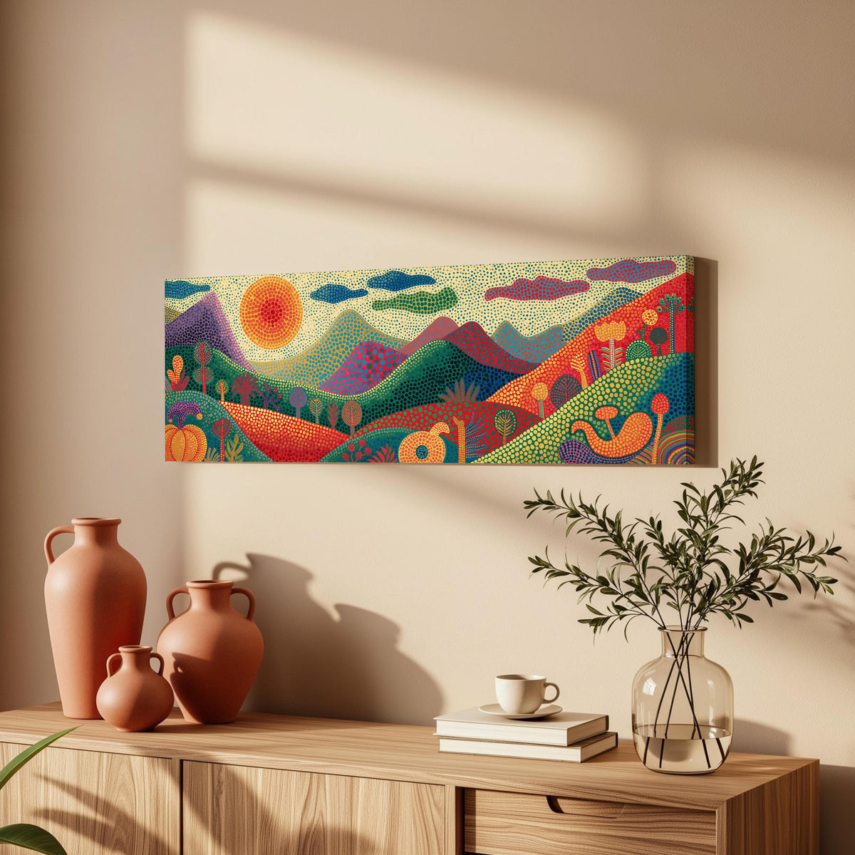 Dotted mountains under a sunburst long horizontal canvas print above a wooden sideboard
