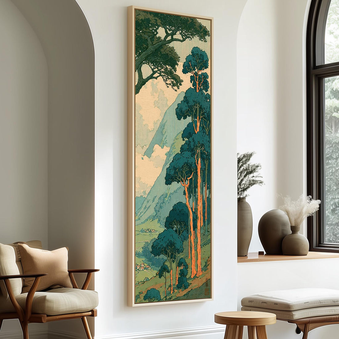 Pine trees above a misty valley in a woodblock style long vertical canvas print in a sunlit living space