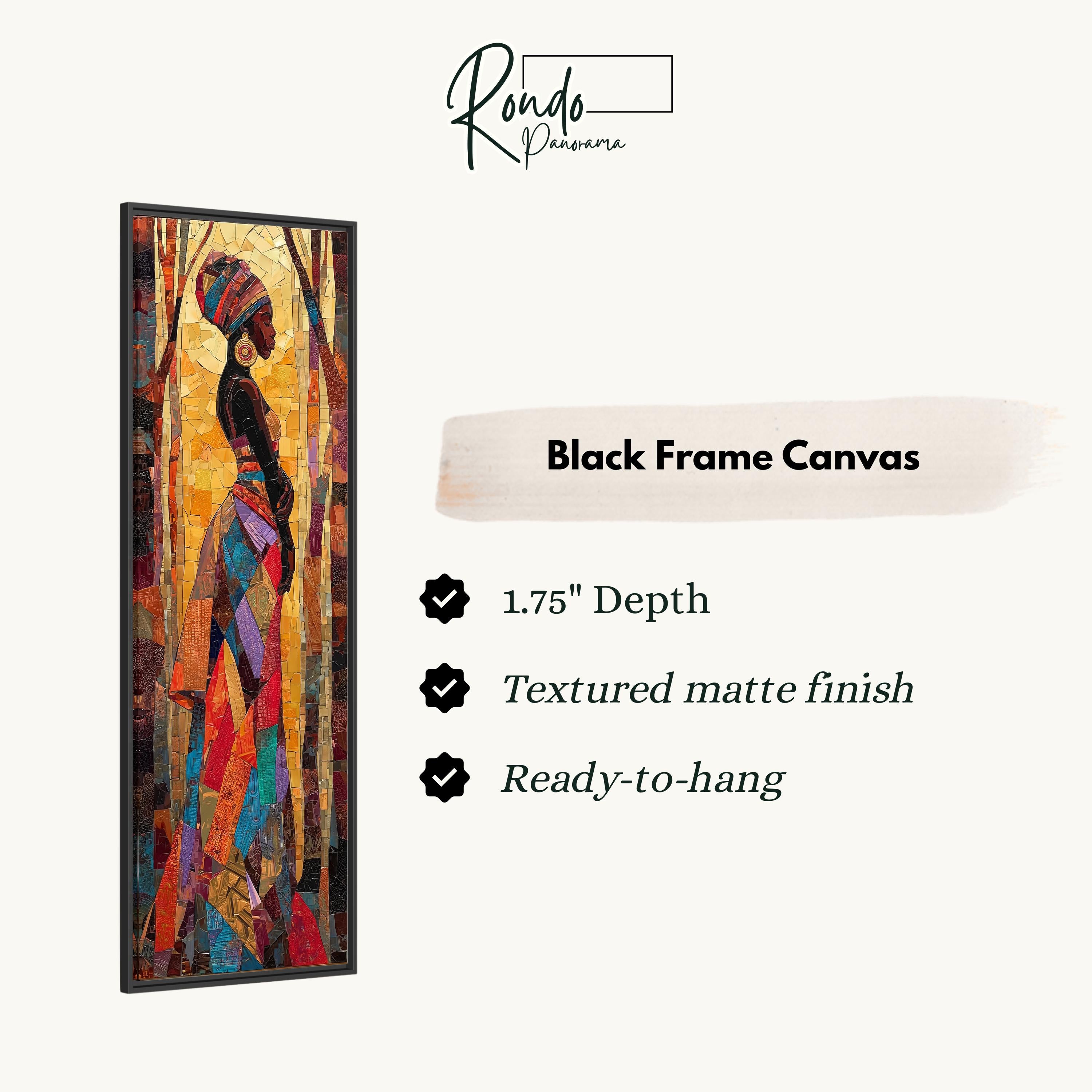 The image is a black frame canvas featuring a colorful abstract painting of a woman.