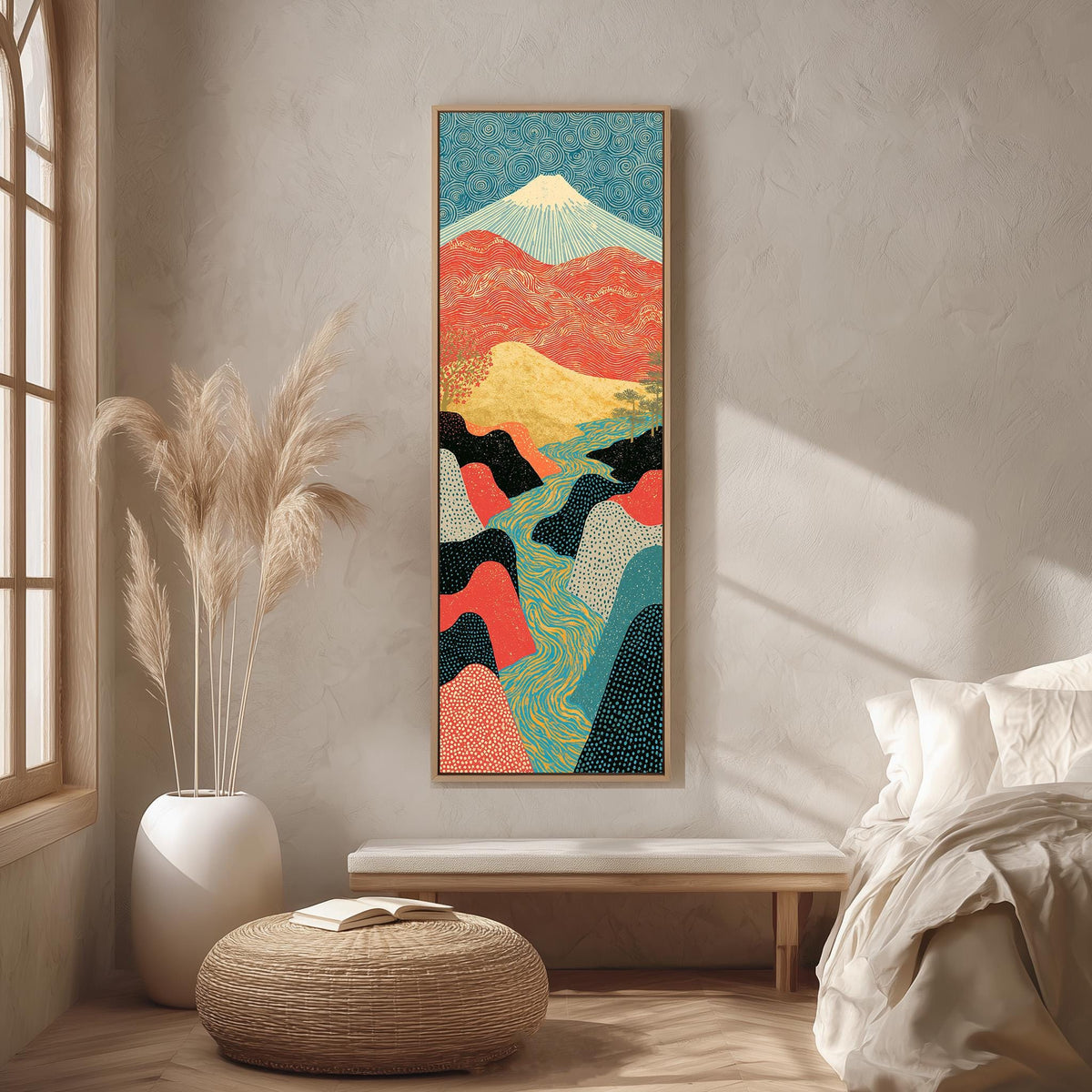 Mount Fuji above a winding river valley long vertical canvas print in a bright reading corner
