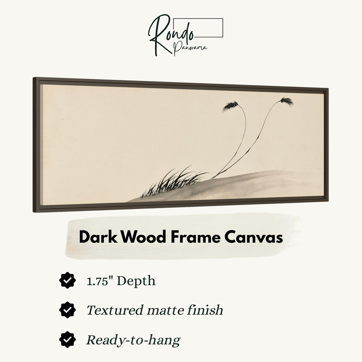 Two birds perched on bending ink reeds canvas print in a dark wood floating frame