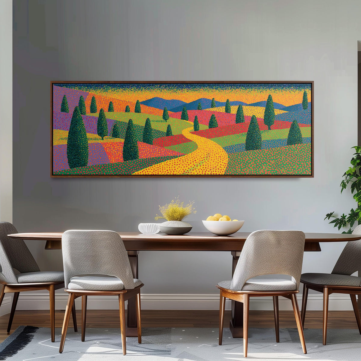 Cypress valley with a winding road long horizontal canvas print above a dining table