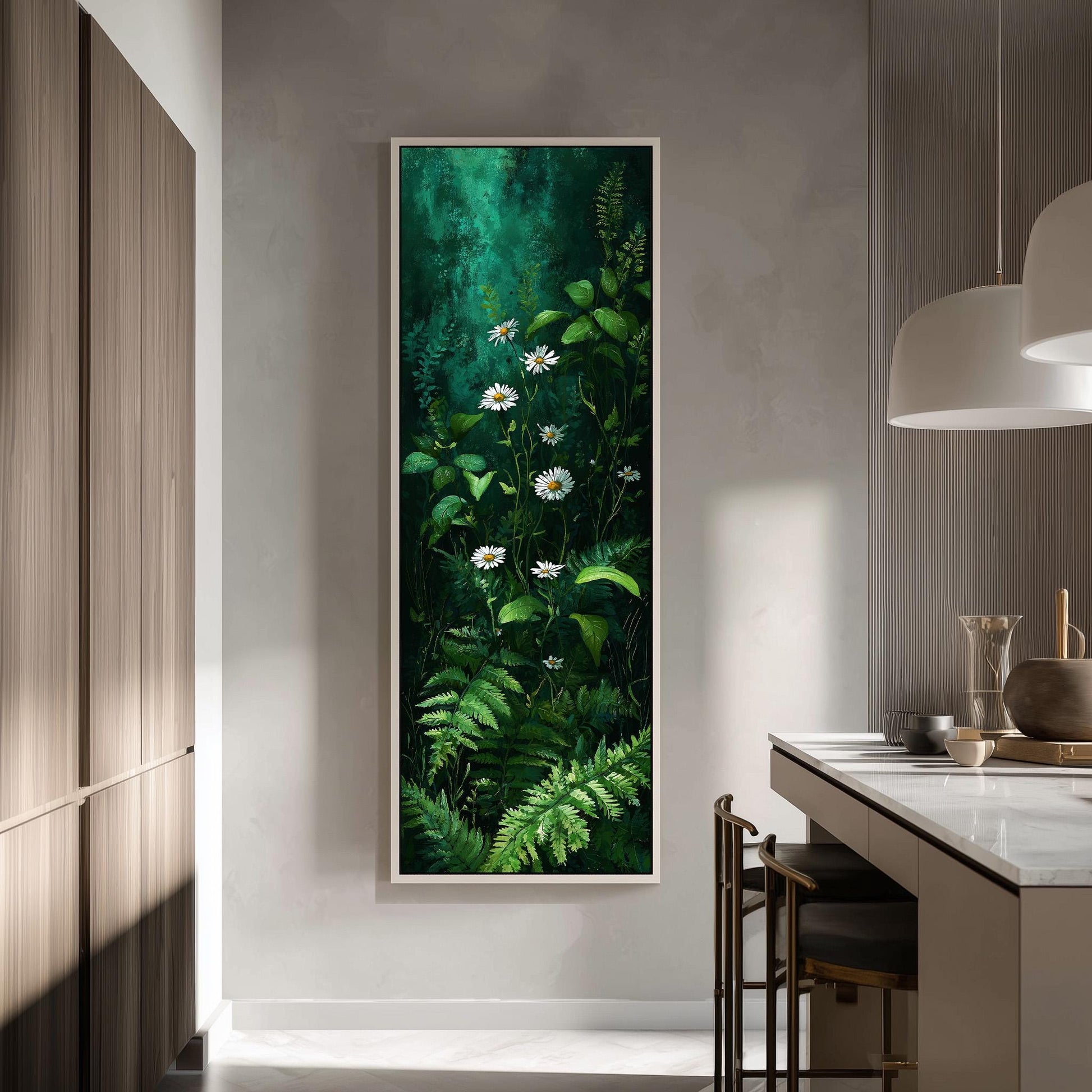 a large painting of a lush green forest with white flowers hanging on the wall of a modern kitchen.
