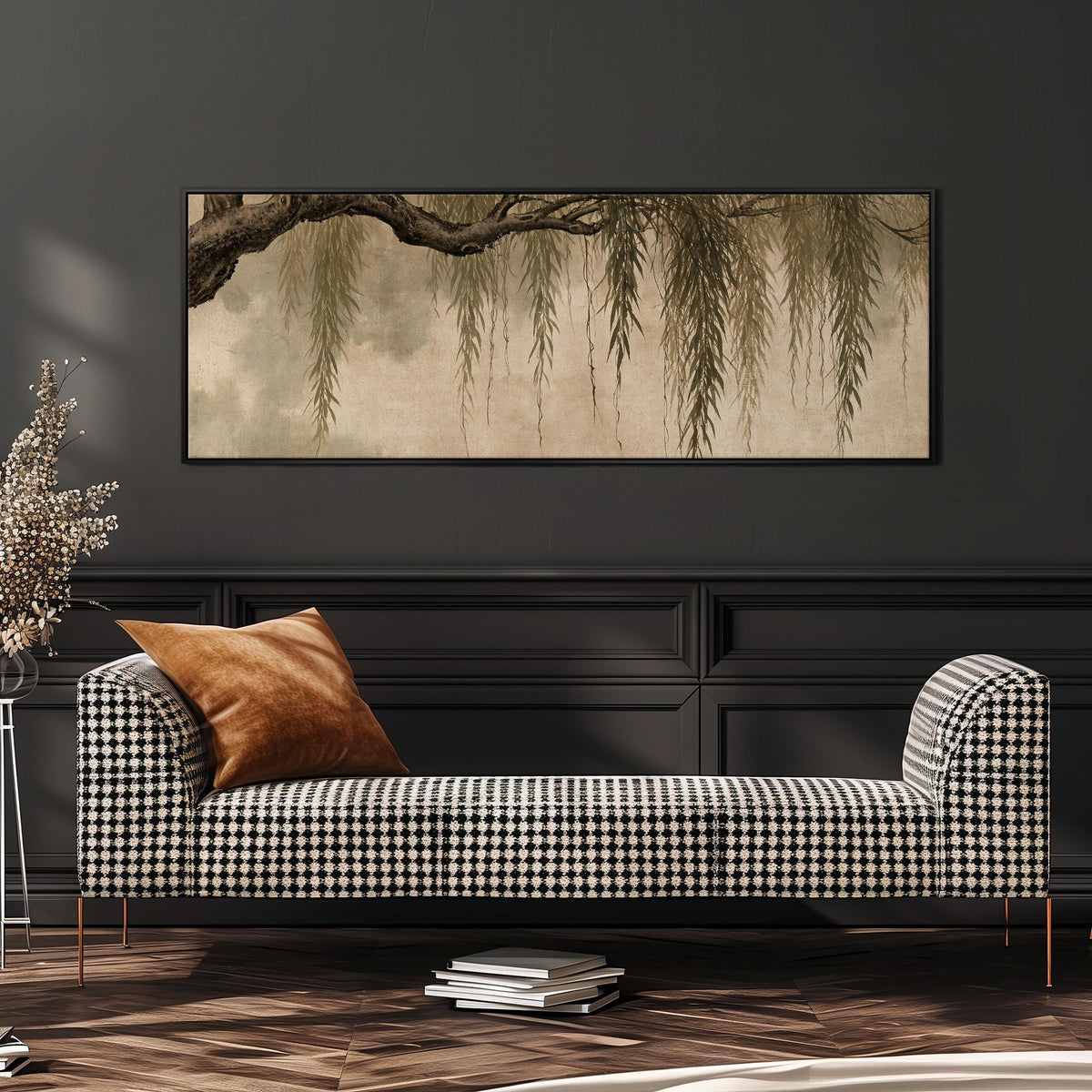 Hanging willow branches wide panoramic canvas print above a bench in a dark living room
