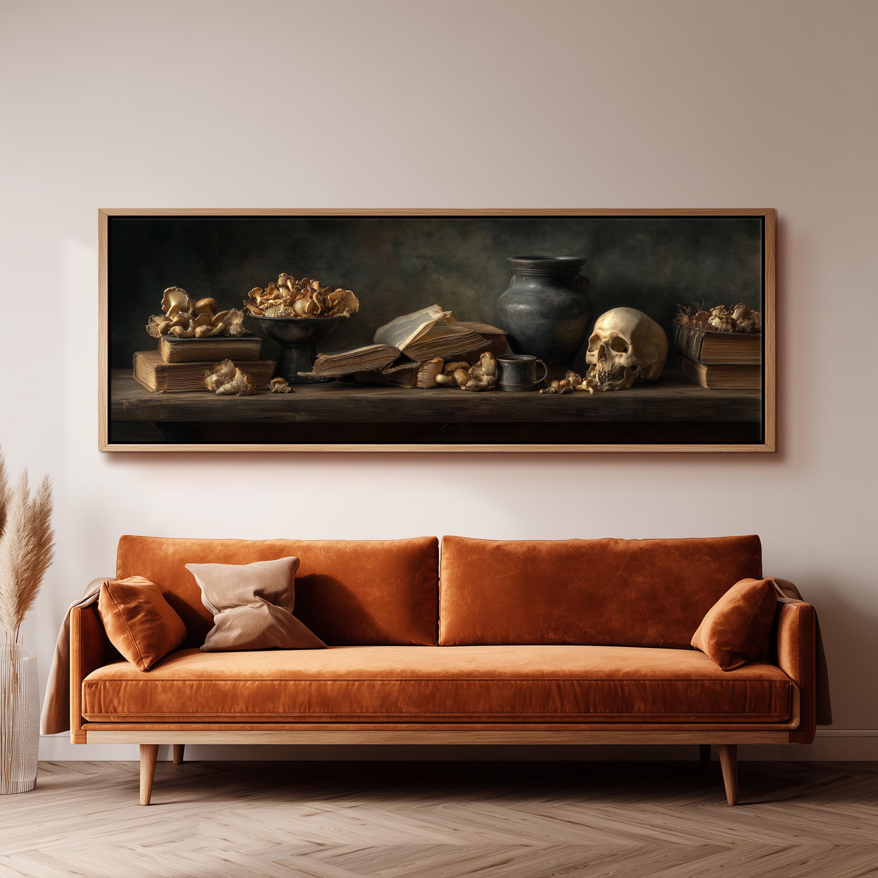 a large painting of a still life arrangement on a wall above a brown sofa.