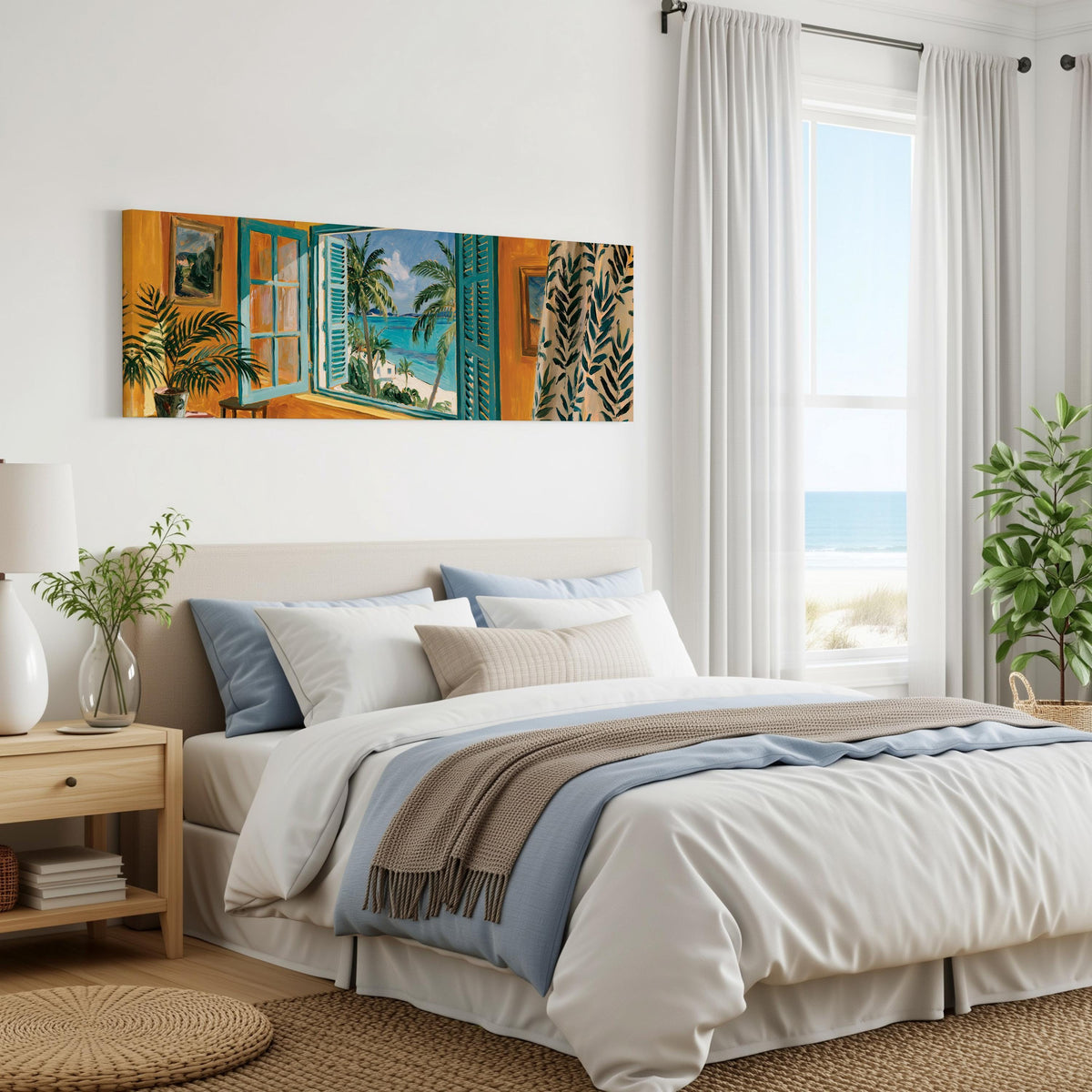 Beach house window overlooking palms and sea panoramic canvas print above a bed in a coastal bedroom