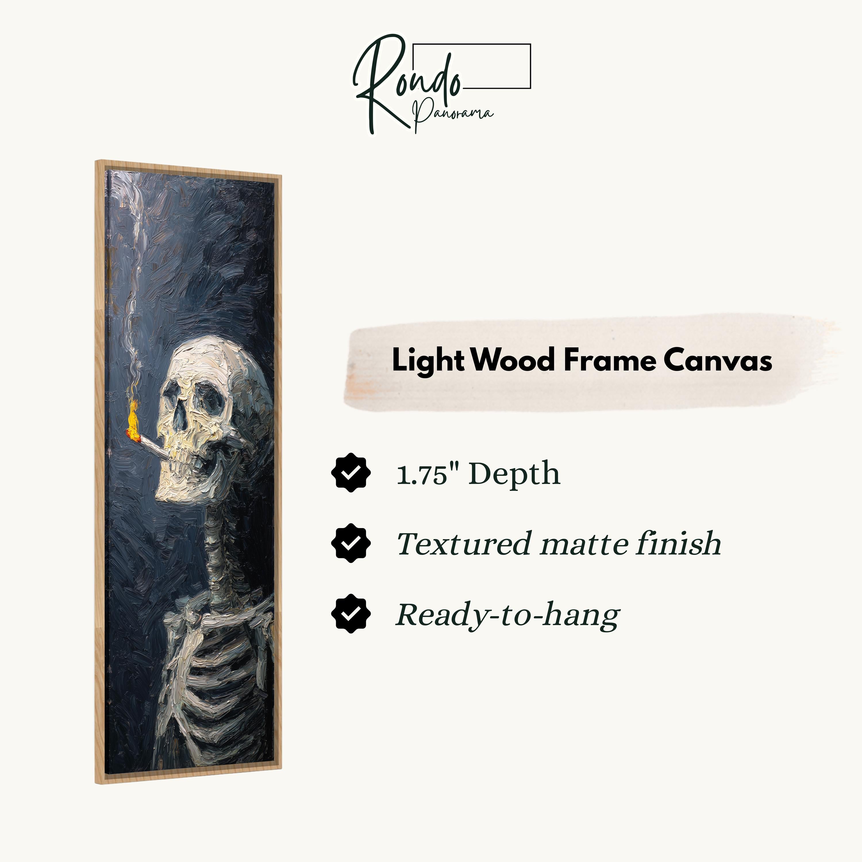 The image is a painting of a skeleton with a lit cigarette, and it is described as a light wood frame canvas.