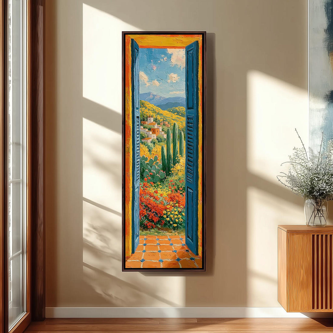Open blue door onto a Mediterranean valley long vertical canvas print in a sunlit living space
