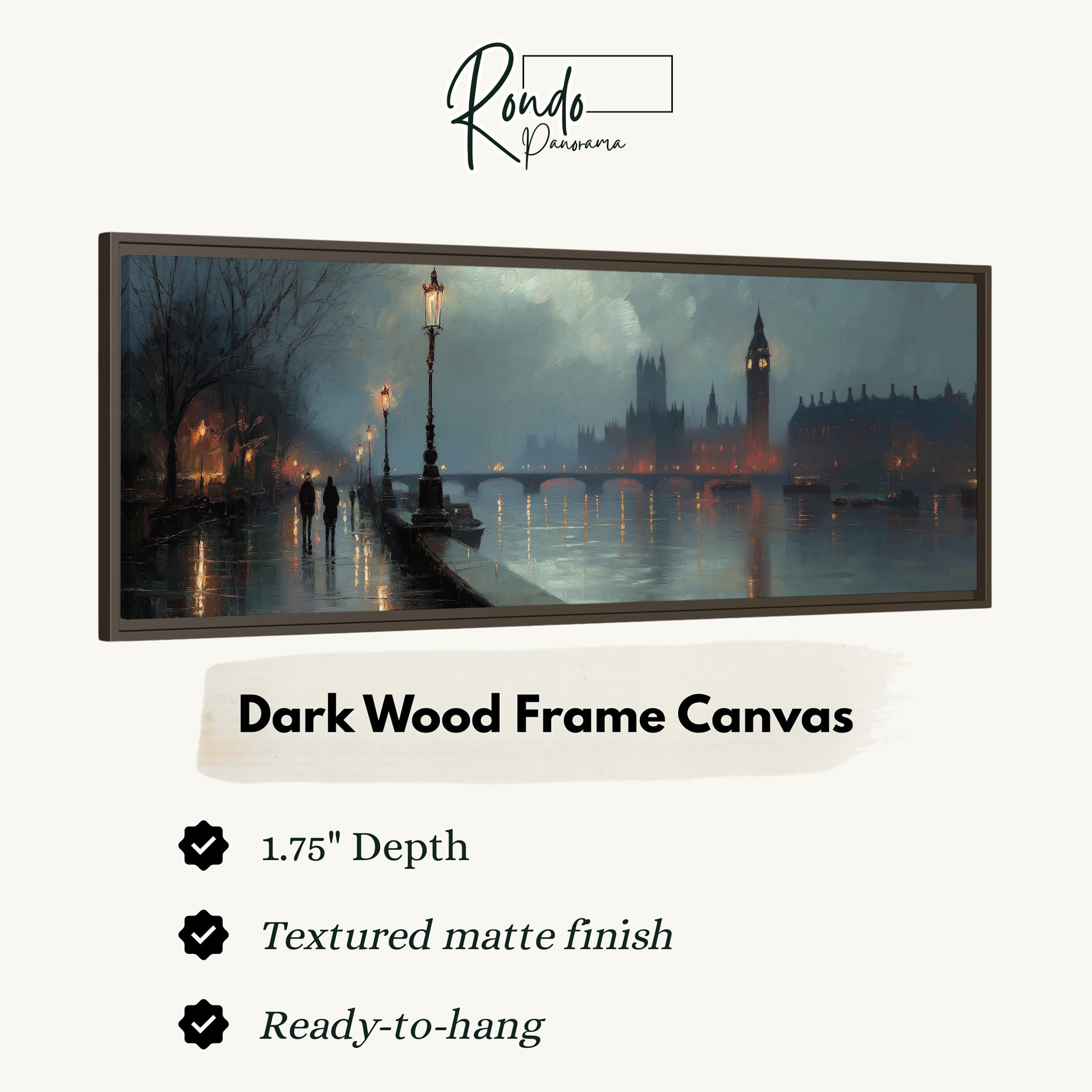 The image is a dark wood frame canvas depicting a nighttime scene of a cityscape with a river and a clock tower.